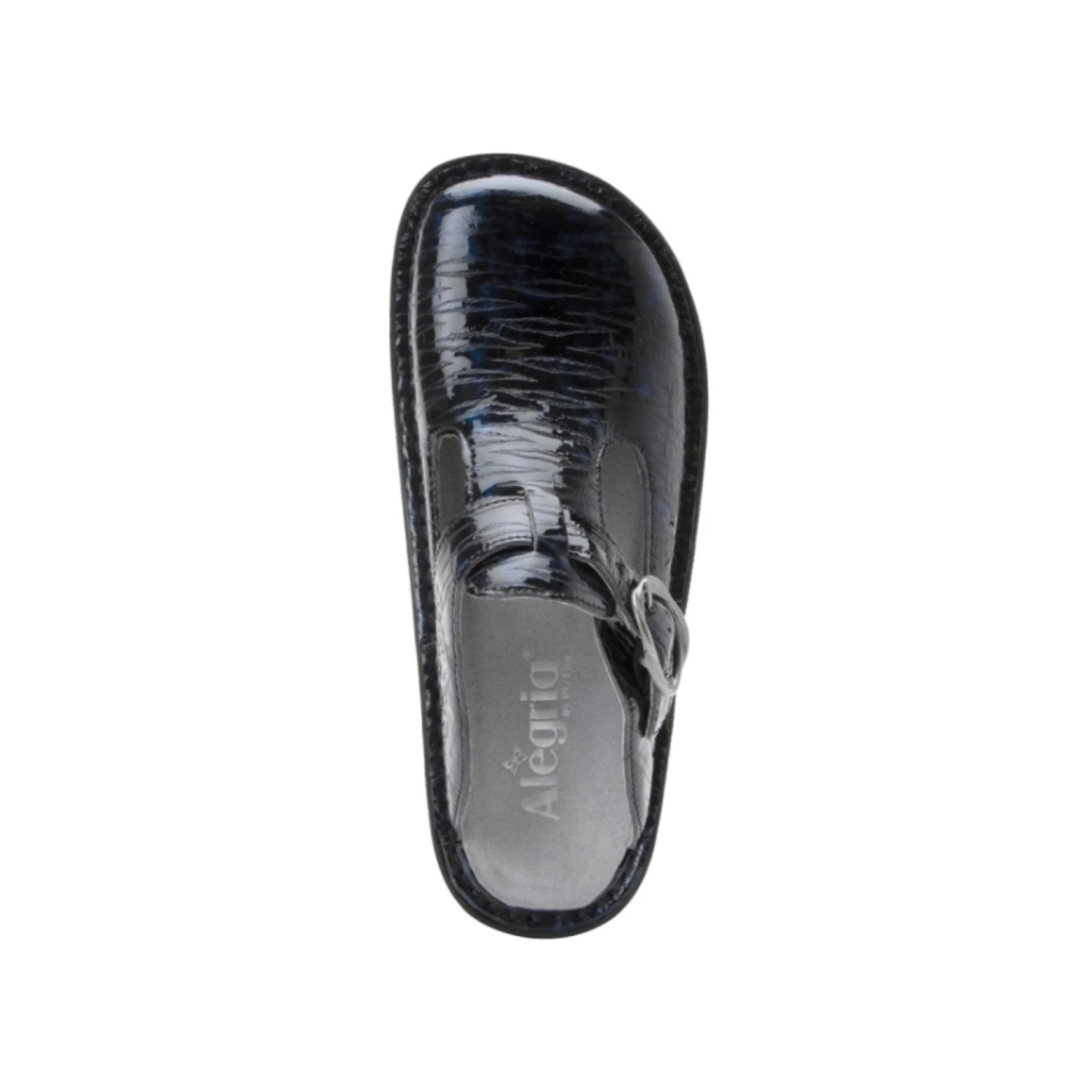 Top View of Women’s Alegria Classic clog in Ocean Surf – featuring a roomy toe box that provides freedom of movement, a cushioned and removable footbed for arch and heel support, and a multicolor ocean-inspired leather upper that adds vibrant flair to all-day comfort.