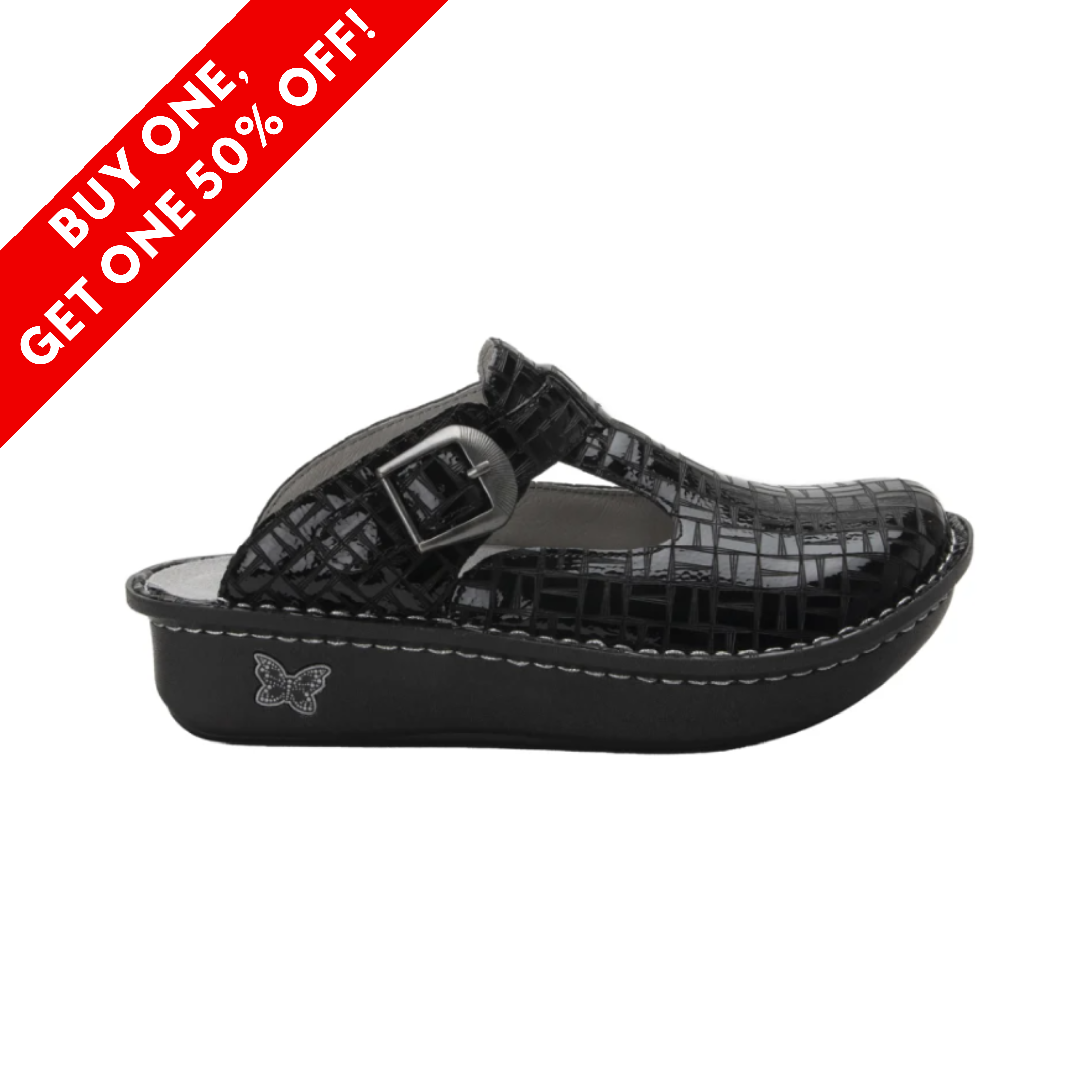 Side View of Women’s Alegria Classic clog in Score – featuring a mild rocker outsole that promotes better posture and reduces foot fatigue, a raised heel for improved alignment, and a glossy leather upper with detailed stitching for structure and support.