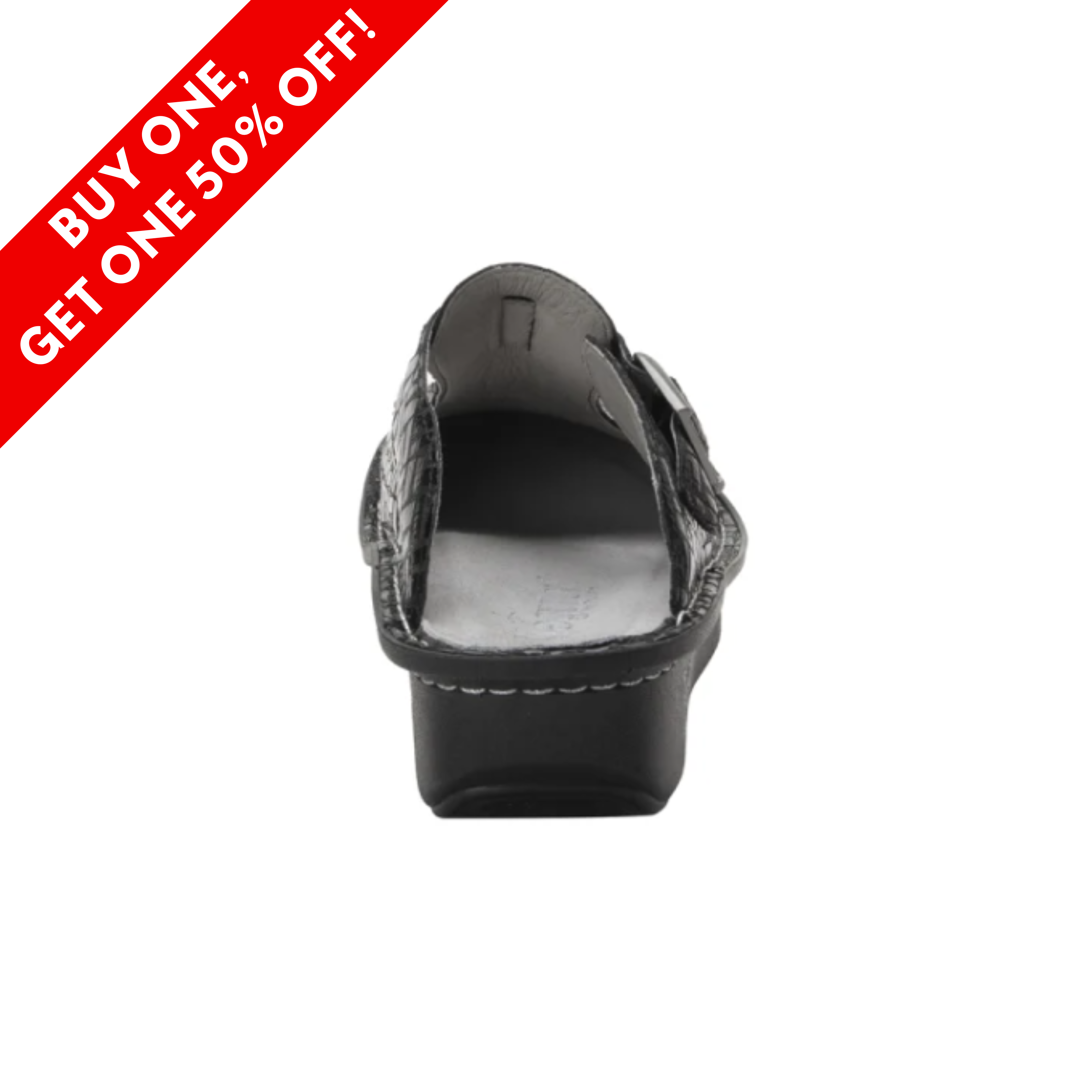 Back View of Women’s Alegria Classic clog in Score – featuring a padded heel rim for slip-free stability, an open-back clog design for breathability and ease of wear, and a gently elevated sole that supports proper foot positioning.