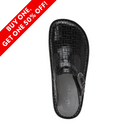 Top View of Women’s Alegria Classic clog in Score – featuring a wide, roomy toe box for natural toe movement, a removable cushioned footbed designed for arch and heel support, and a glossy black geometric-patterned leather upper that is easy to clean and ideal for everyday or professional wear.
