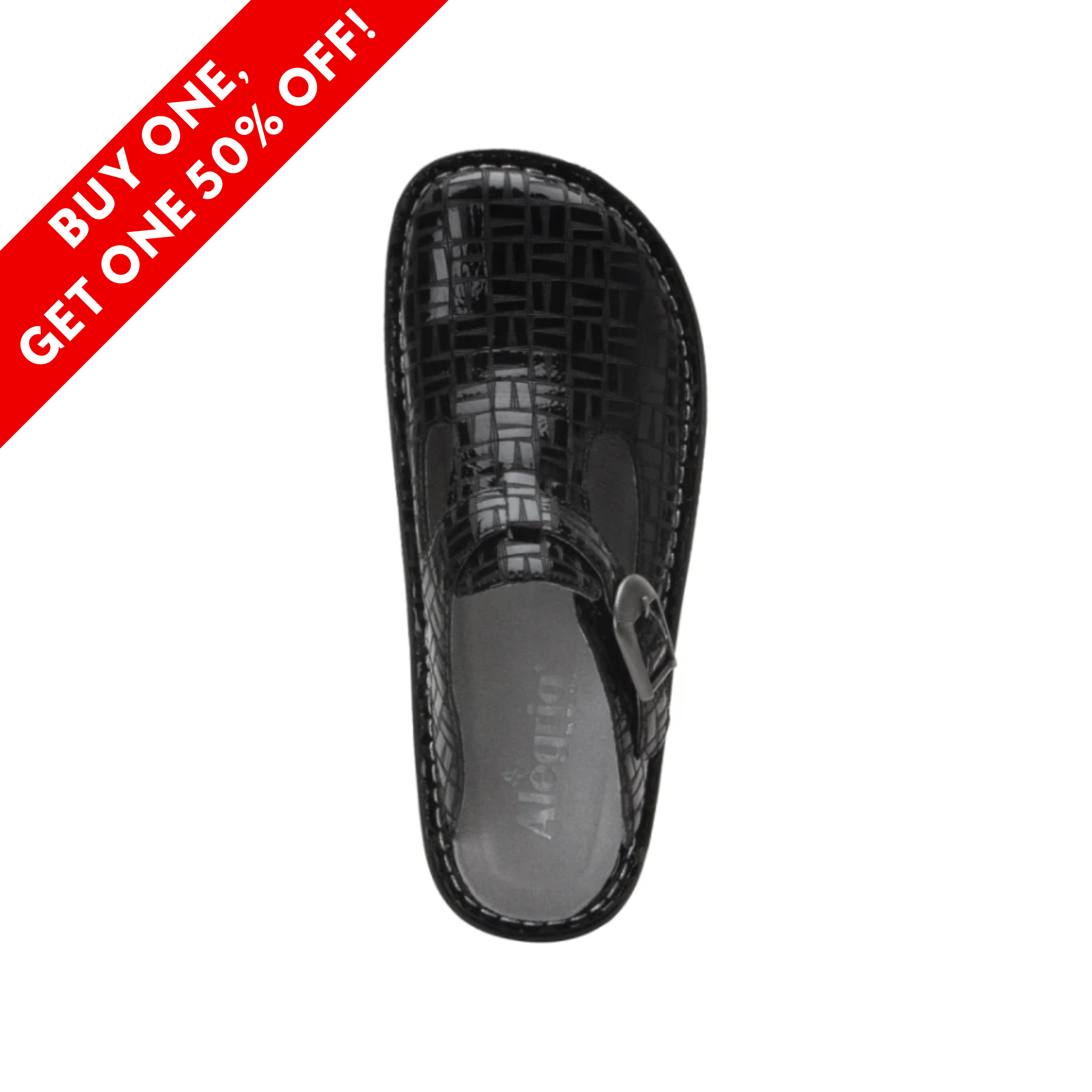 Top View of Women’s Alegria Classic clog in Score – featuring a wide, roomy toe box for natural toe movement, a removable cushioned footbed designed for arch and heel support, and a glossy black geometric-patterned leather upper that is easy to clean and ideal for everyday or professional wear.