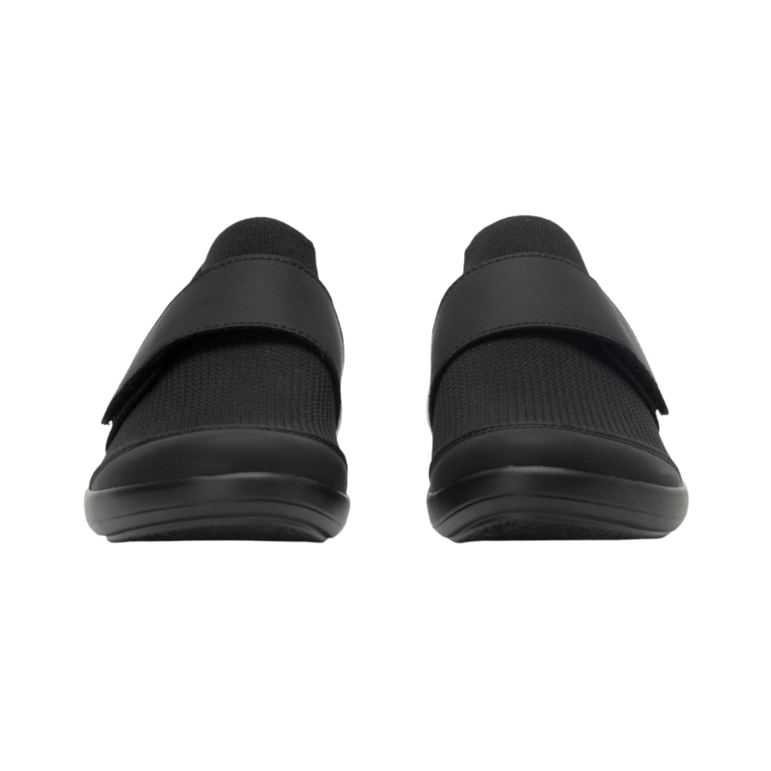 Front View of Women’s Alegria Khloe shoe in black nappa – featuring a rounded toe design, smooth leather upper, and cushioned removable footbed for a secure and comfortable fit.