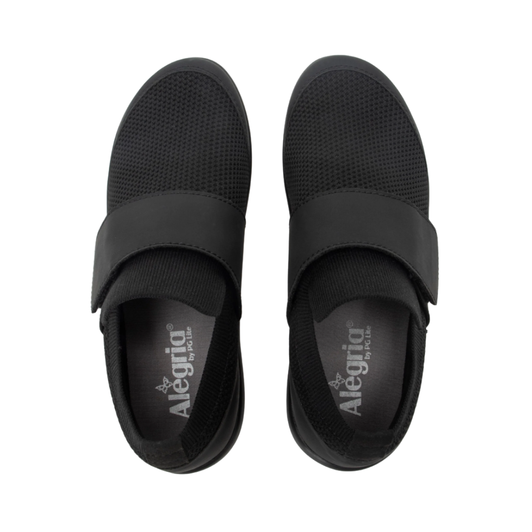 Top View of Women’s Alegria Khloe shoe in black nappa – featuring a cushioned removable footbed, smooth leather upper, and adjustable hook-and-loop strap for a secure fit.