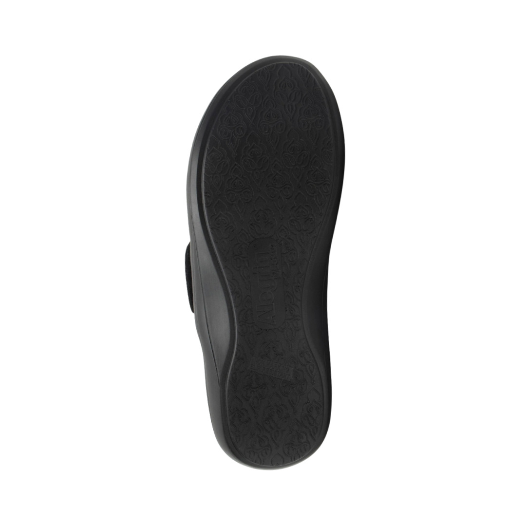 Bottom View of Women’s Alegria Dasher sneaker in Black Out – featuring a slip-resistant patterned outsole, durable tread design, and lightweight construction for secure footing.