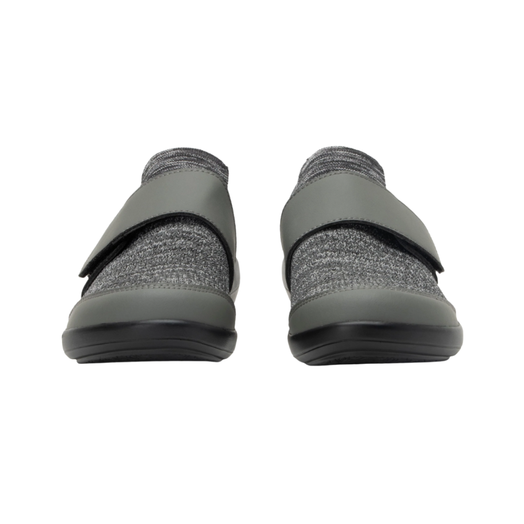 Front View of Women’s Alegria Dasher sneaker in charcoal – featuring a breathable upper, slip-on design, and cushioned removable footbed for a secure and comfortable fit.