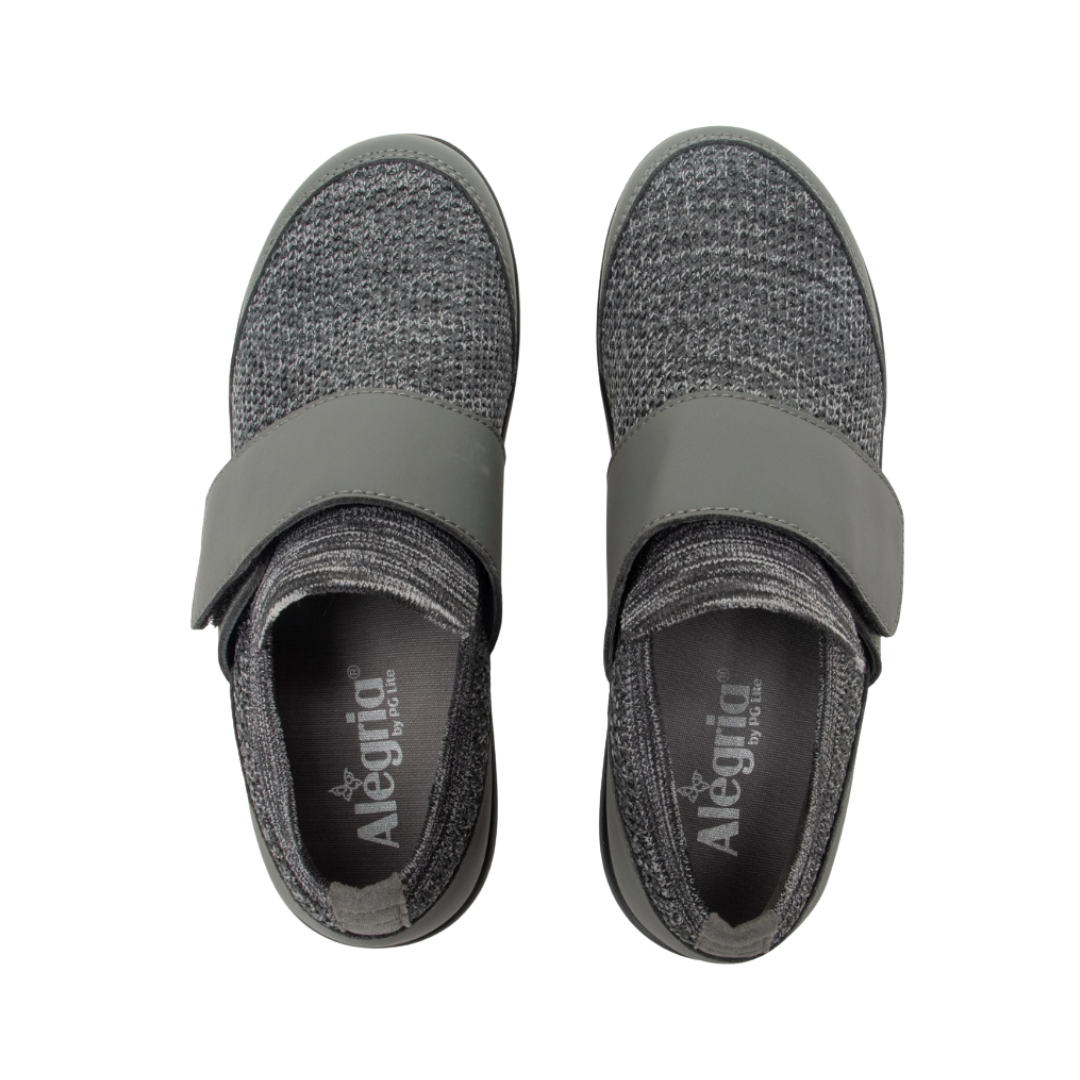 Top View of Women’s Alegria Dasher sneaker in charcoal – featuring a cushioned removable footbed, breathable upper, and slip-on design for easy wear.