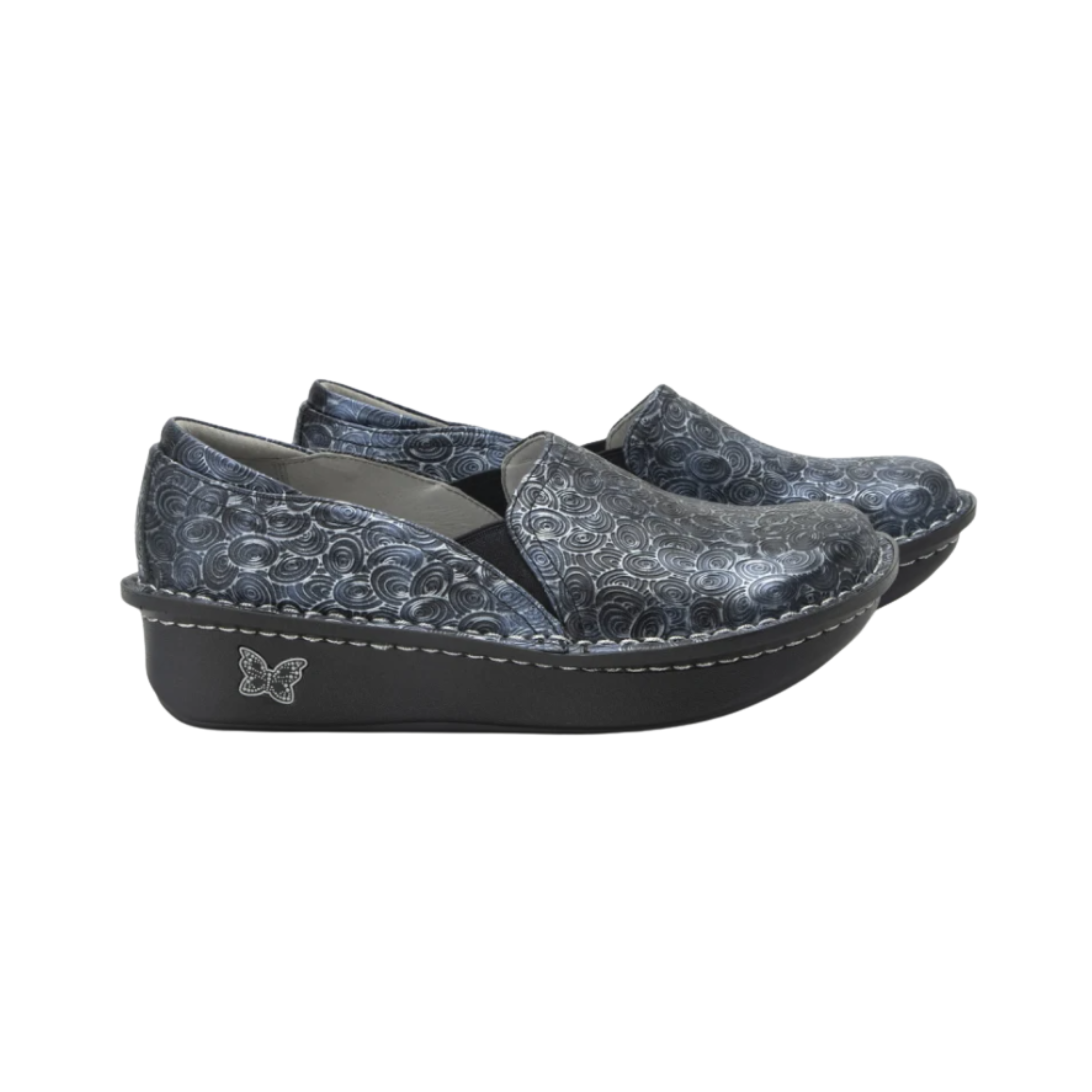 Side View of Women’s Alegria Debra professional shoe in Spherical – featuring a mild rocker outsole that encourages proper posture and reduces pressure on the heels and back, dual side goring for a flexible fit, and built-in arch support for enhanced alignment during long shifts.