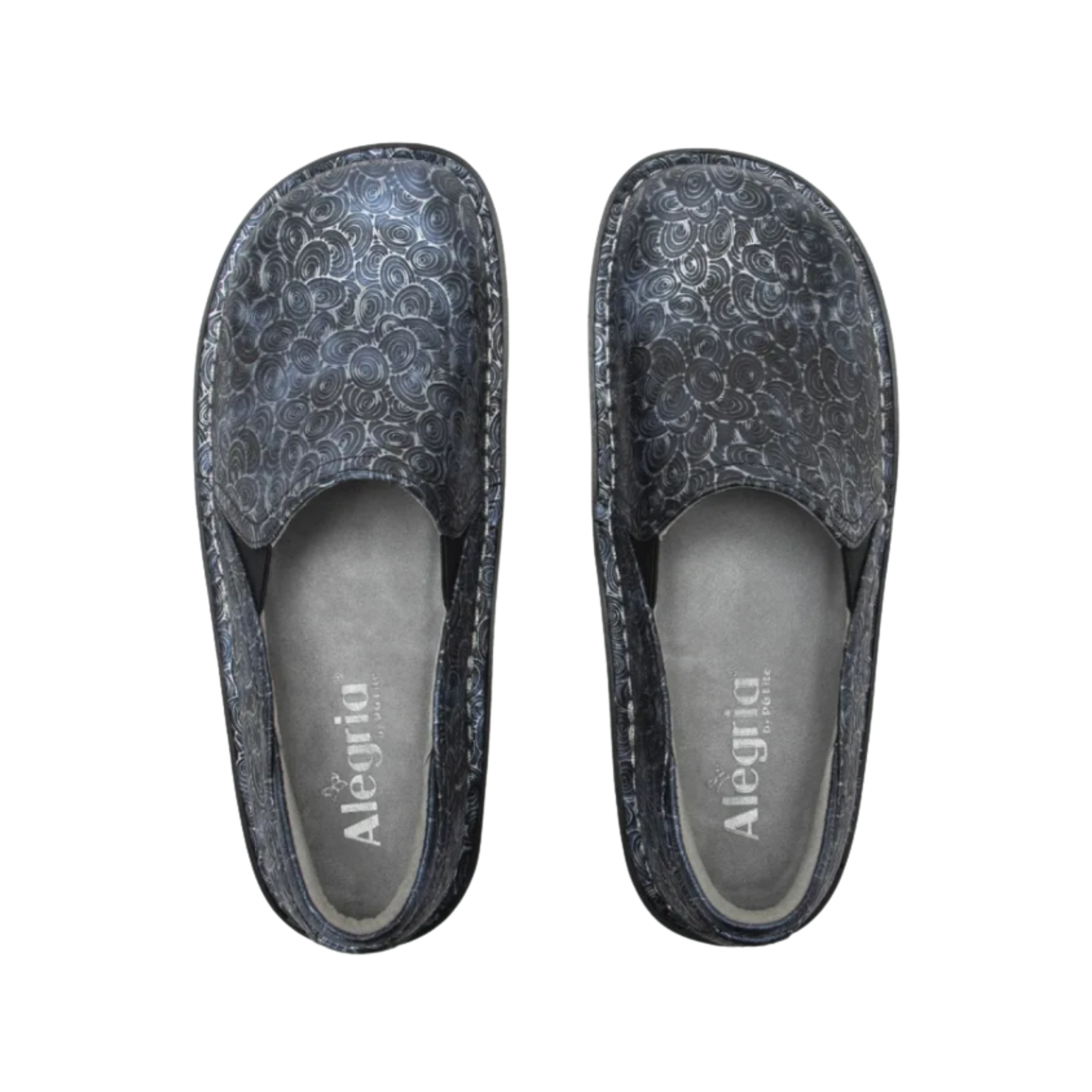 Top View of Women’s Alegria Debra professional shoe in Spherical – featuring a wide toe box for natural foot spread, a removable cushioned footbed that supports custom orthotics, and a smooth leather upper that’s easy to clean and ideal for work environments.