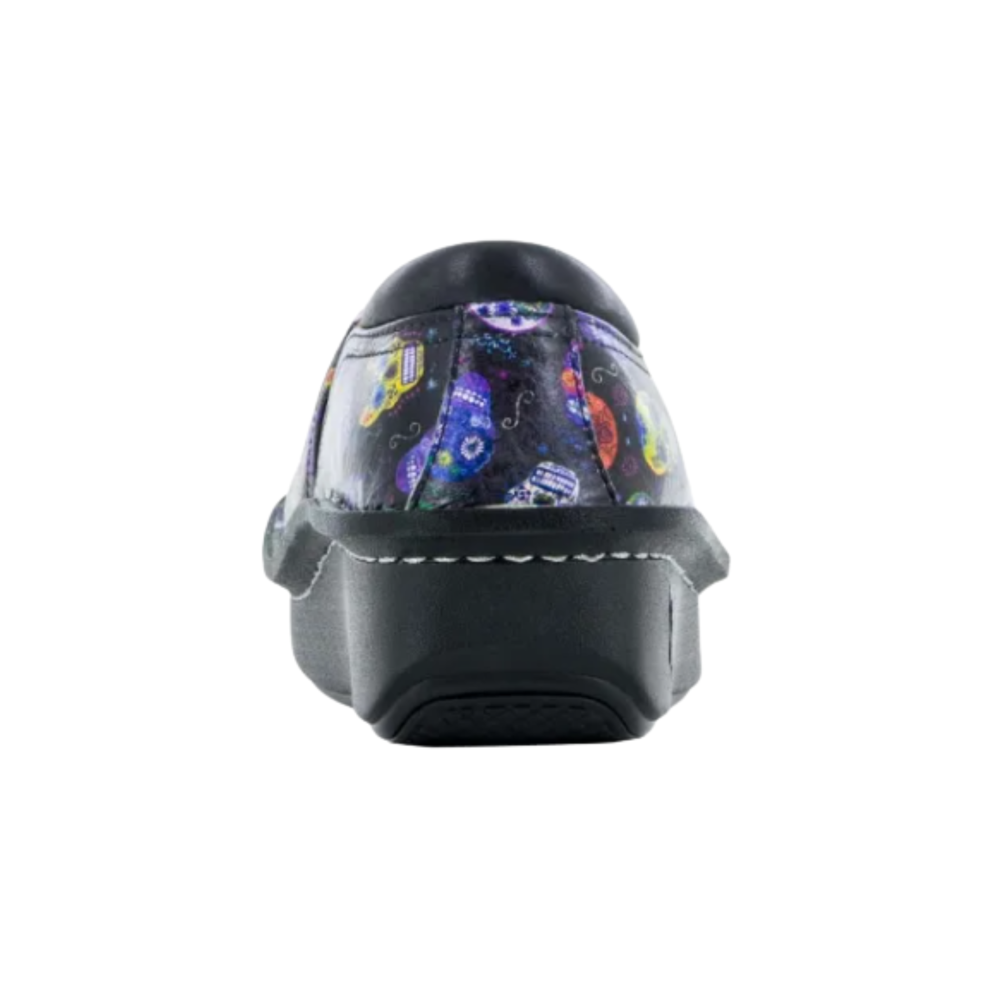 Back View of Women’s Alegria Debra professional shoe in Sugar Skulls – featuring a padded heel collar to reduce friction and improve comfort, a low heel design that minimizes lower back stress, and a reinforced heel structure for added support and balance.