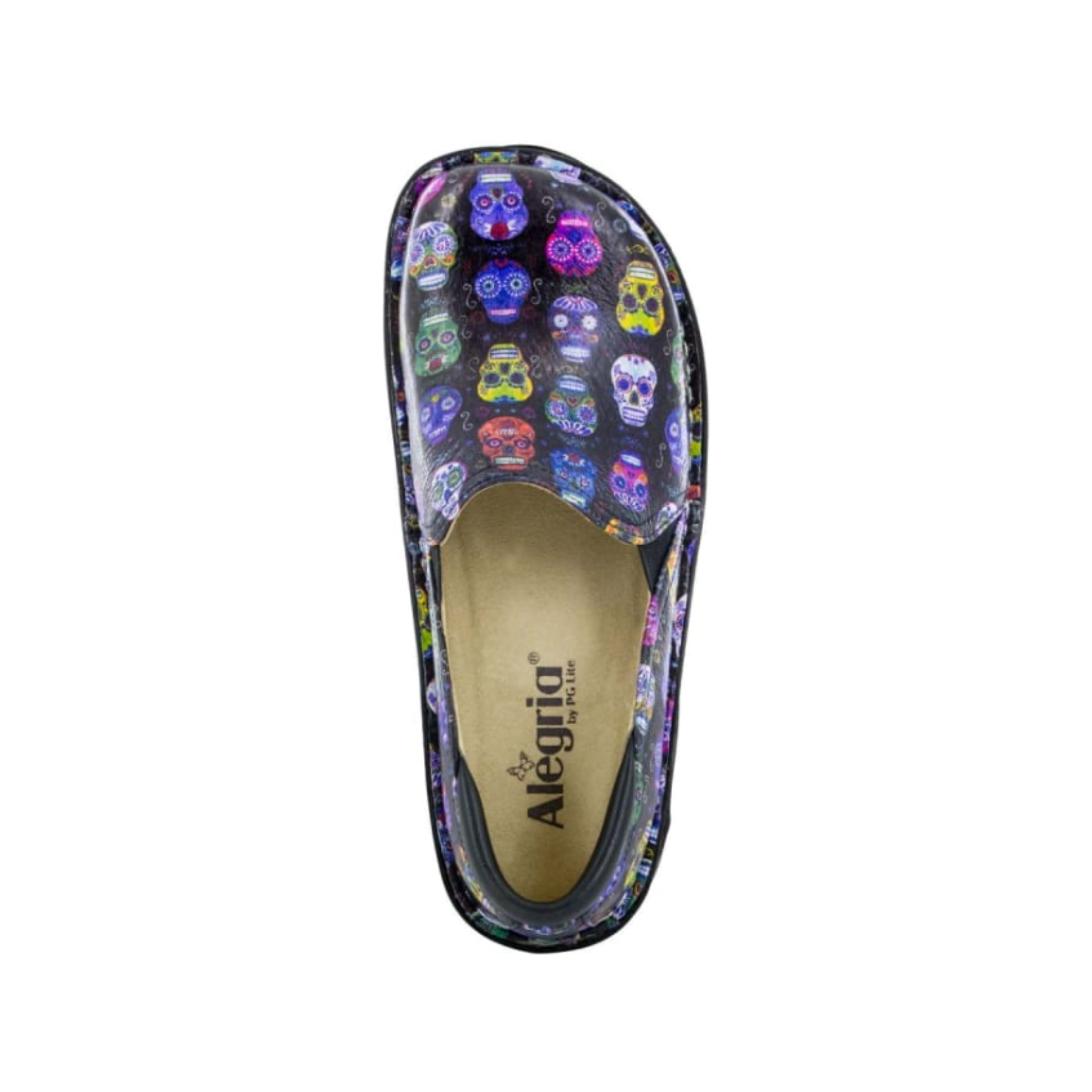 Top View of Women’s Alegria Debra professional shoe in Sugar Skulls – featuring a roomy toe box to relieve pressure on the forefoot, a cushioned and removable footbed ideal for custom orthotics, and a slip-on design that ensures easy wear and all-day comfort.
