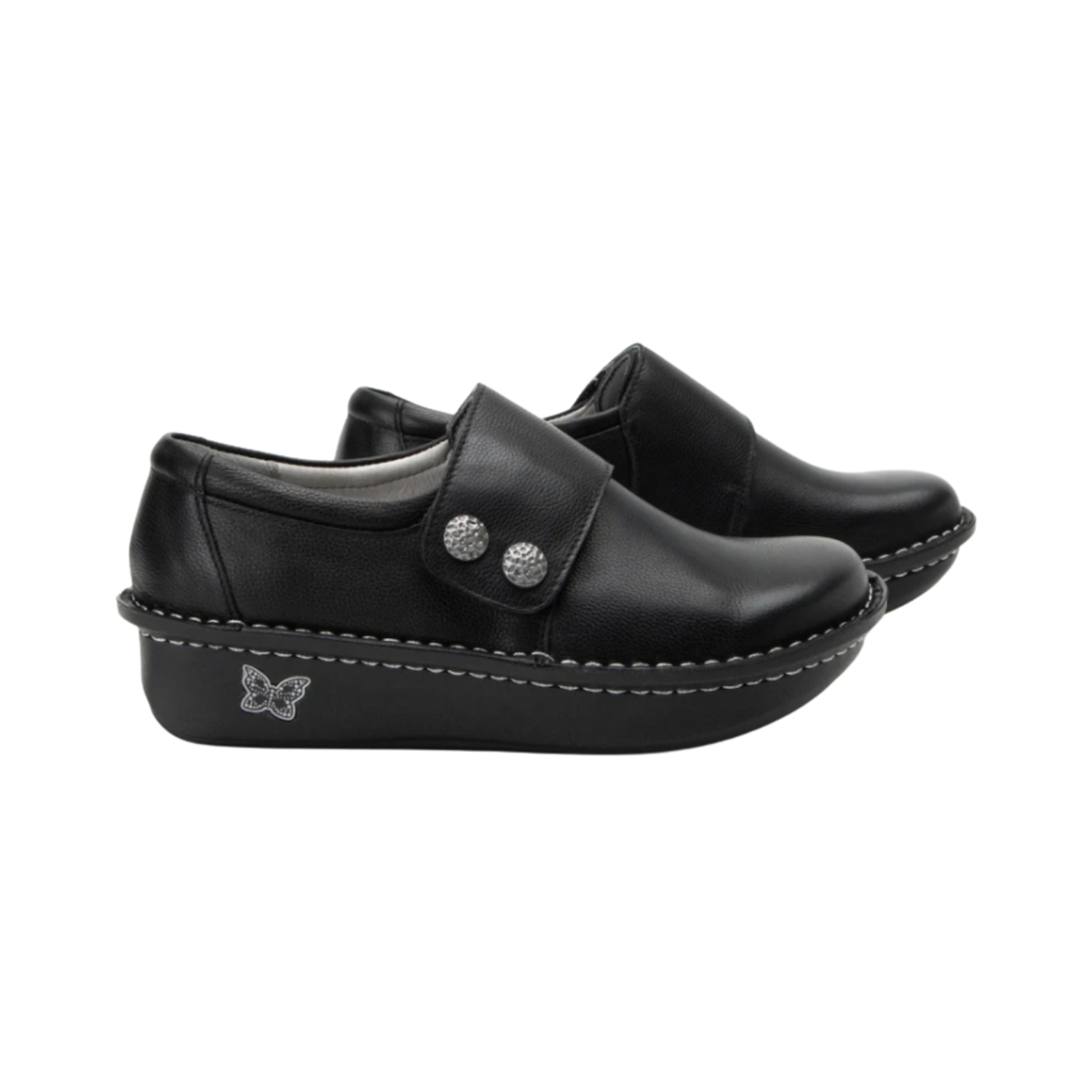 Side View of Women’s Alegria Deliah shoe in Black – featuring a mild rocker outsole that encourages forward motion and reduces foot and leg fatigue, built-in arch support for long-lasting alignment, and a lightweight sole designed for ease of movement during extended wear.
