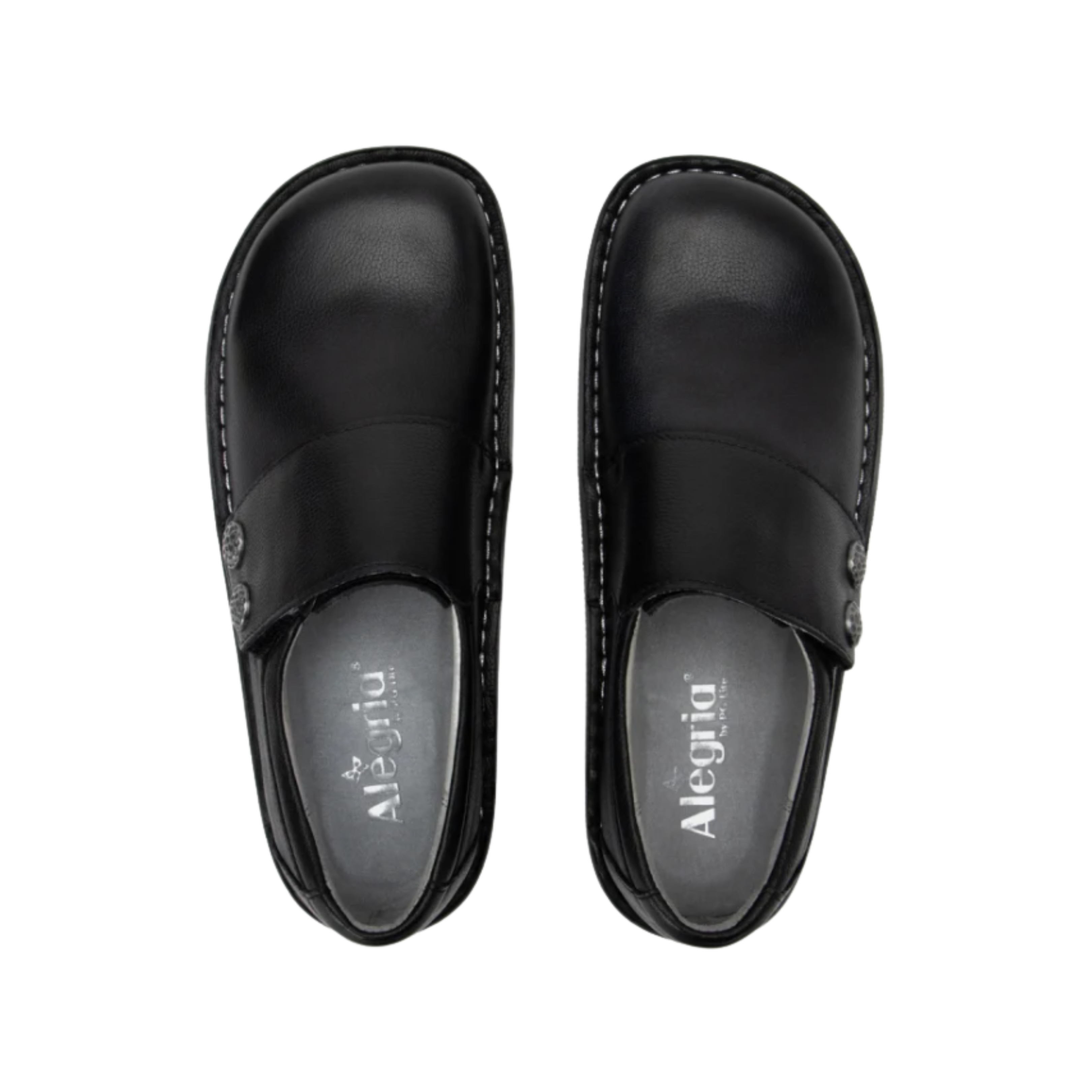 Top View of Women’s Alegria Deliah shoe in Black – featuring a wide toe box that promotes natural toe movement and reduces pressure, a soft cushioned insole for all-day support, and a smooth black leather upper that’s easy to clean and ideal for professional settings.