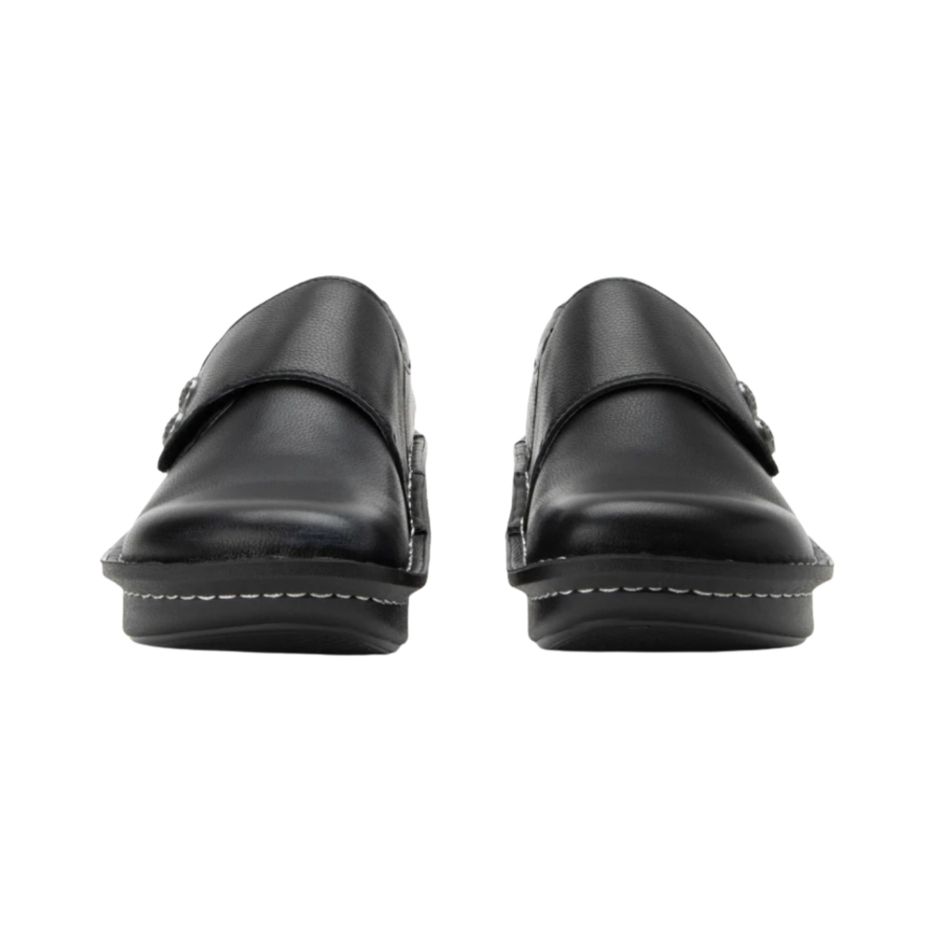 Front View of Women’s Alegria Deliah shoe in Black – featuring a lightweight rocker outsole that reduces fatigue and encourages a healthy stride, built-in arch support for long-term posture improvement, and a sleek low-profile design for versatile wear.