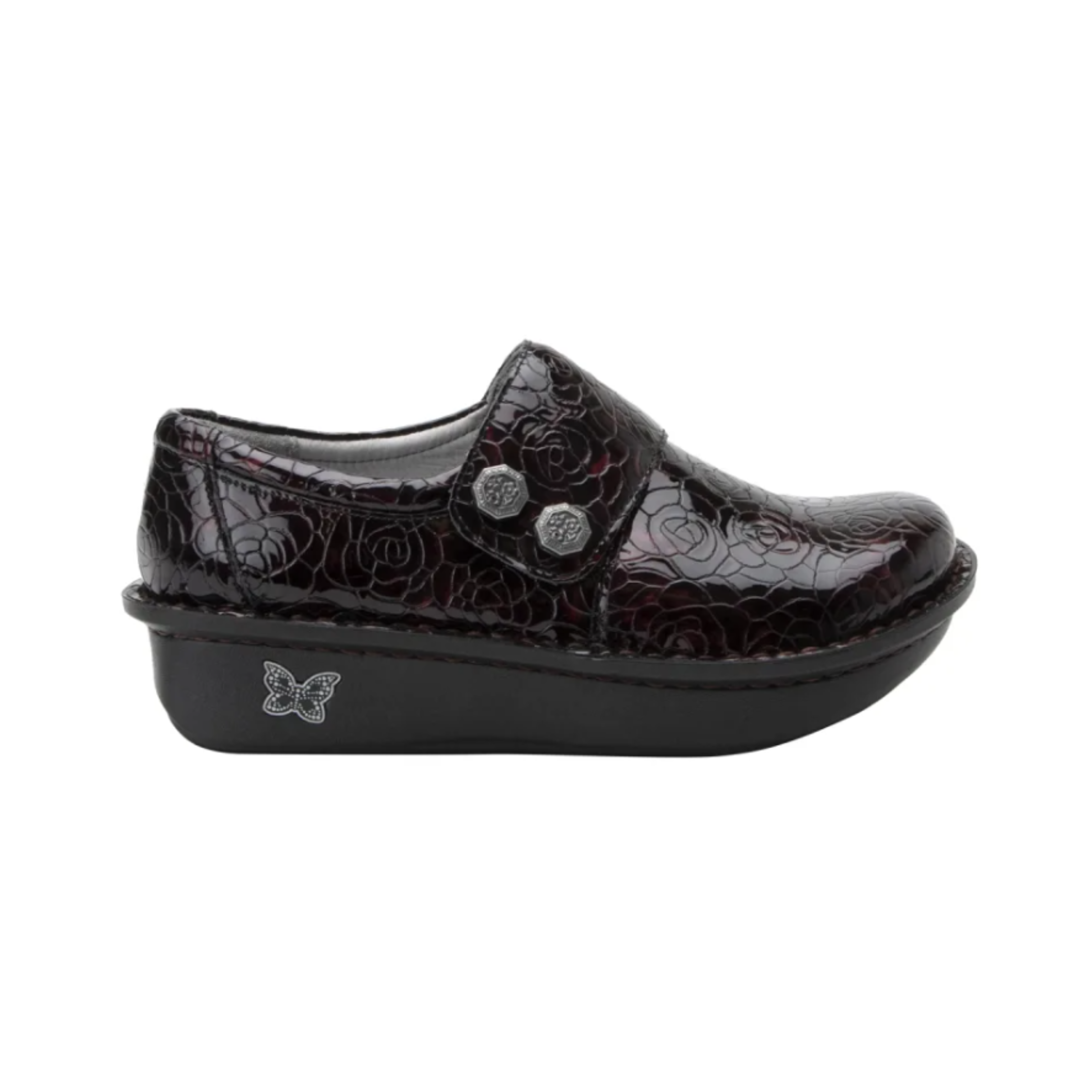Side View of Women’s Alegria Deliah shoe in Winery – featuring a mild rocker outsole that reduces pressure on the lower body, a low-profile design ideal for all-day standing, and supportive structure that helps improve posture and walking motion.