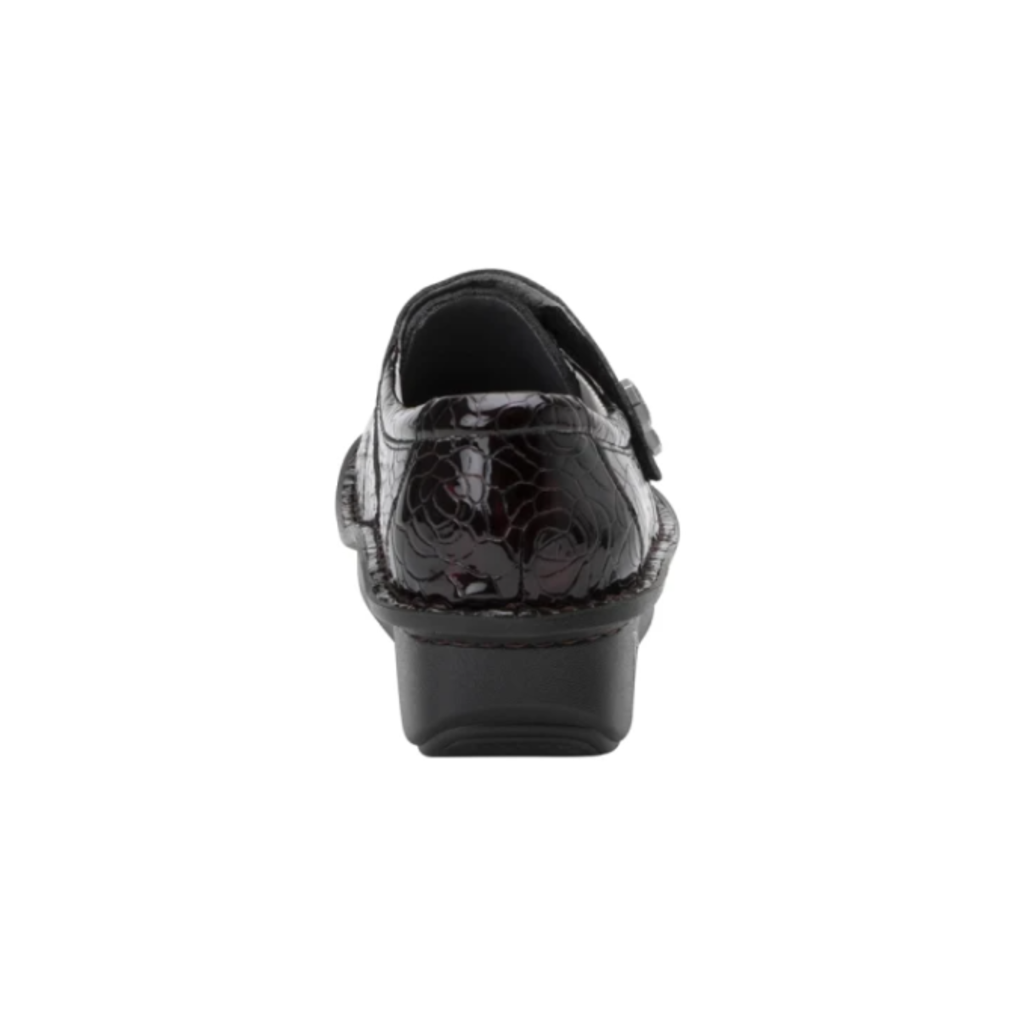 Back View of Women’s Alegria Deliah shoe in Winery – featuring a padded heel collar for reduced irritation and secure fit, a structured heel for added ankle stability, and subtle lift for improved posture and support.