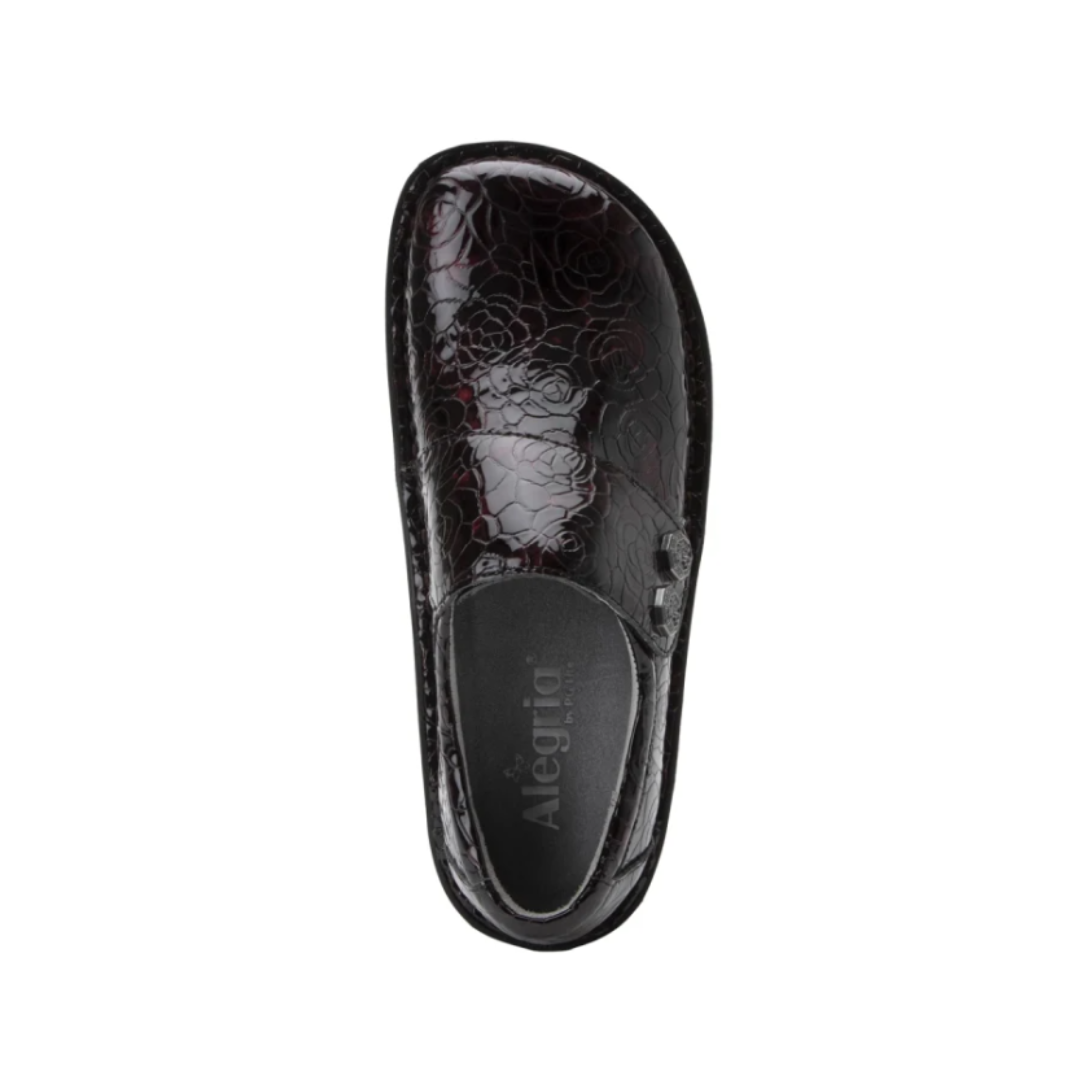 Top View of Women’s Alegria Deliah shoe in Winery – featuring a glossy floral-embossed leather upper for a stylish yet professional look, a wide toe box for enhanced comfort and toe spread, and a cushioned footbed that offers long-term arch and heel support.