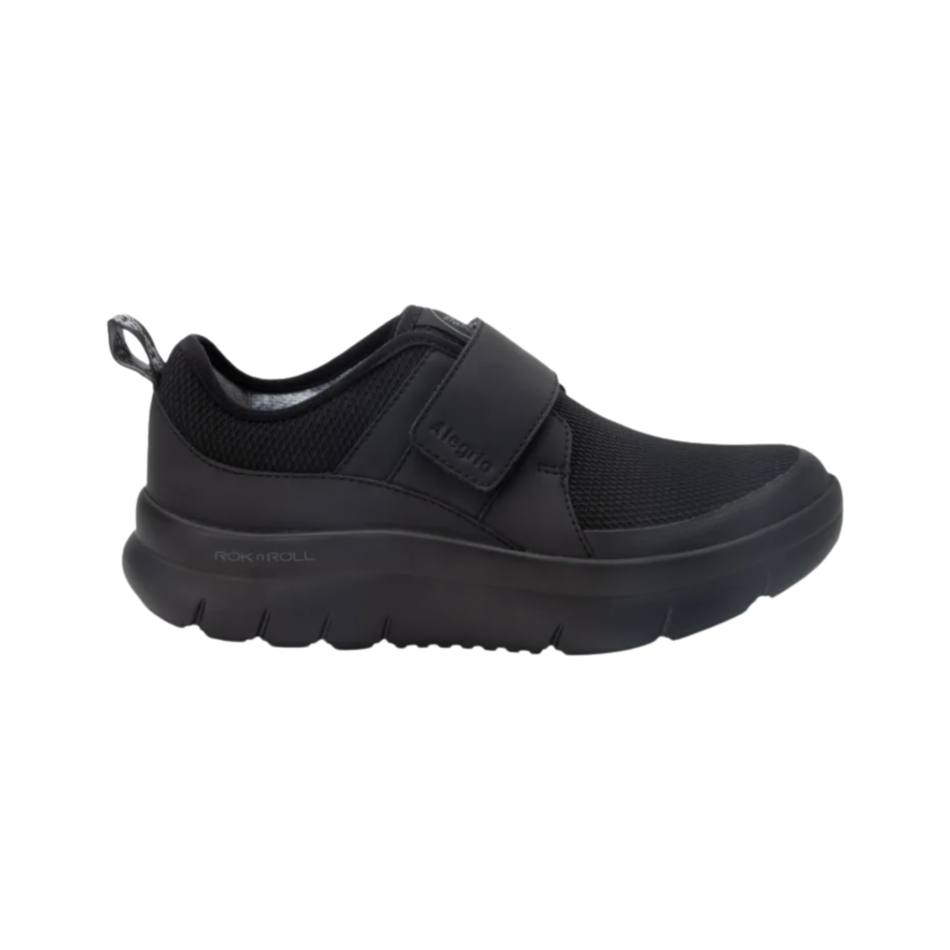Side View of Women’s Alegria Double Trouble Black Mesh 2 sneaker in black mesh – featuring a slip-resistant outsole, dual-density footbed, and lightweight flexible construction.