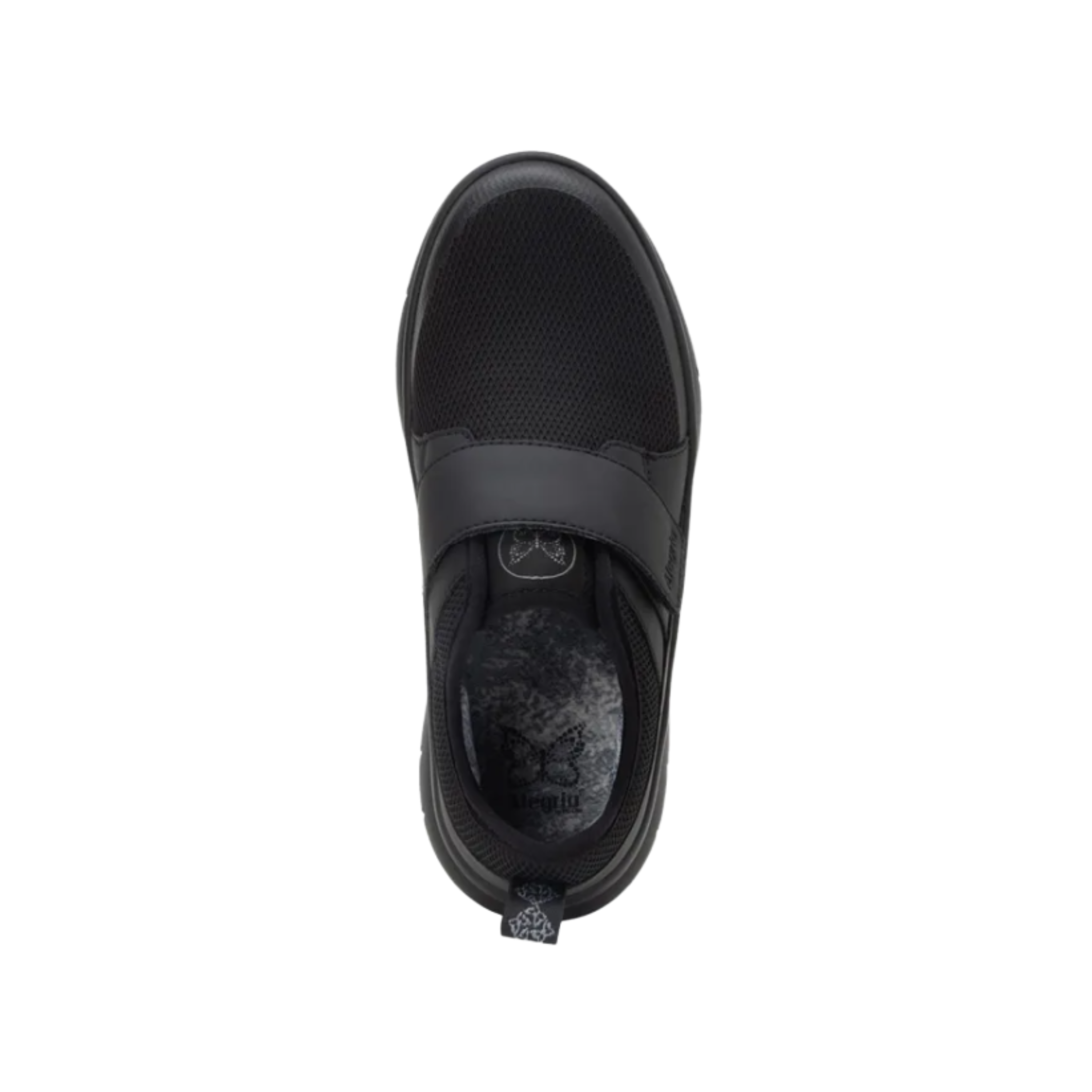 Top View of Women’s Alegria Double Trouble Black Mesh 2 sneaker in black mesh – featuring a breathable mesh upper, cushioned insole, and wide toe box for comfort.
