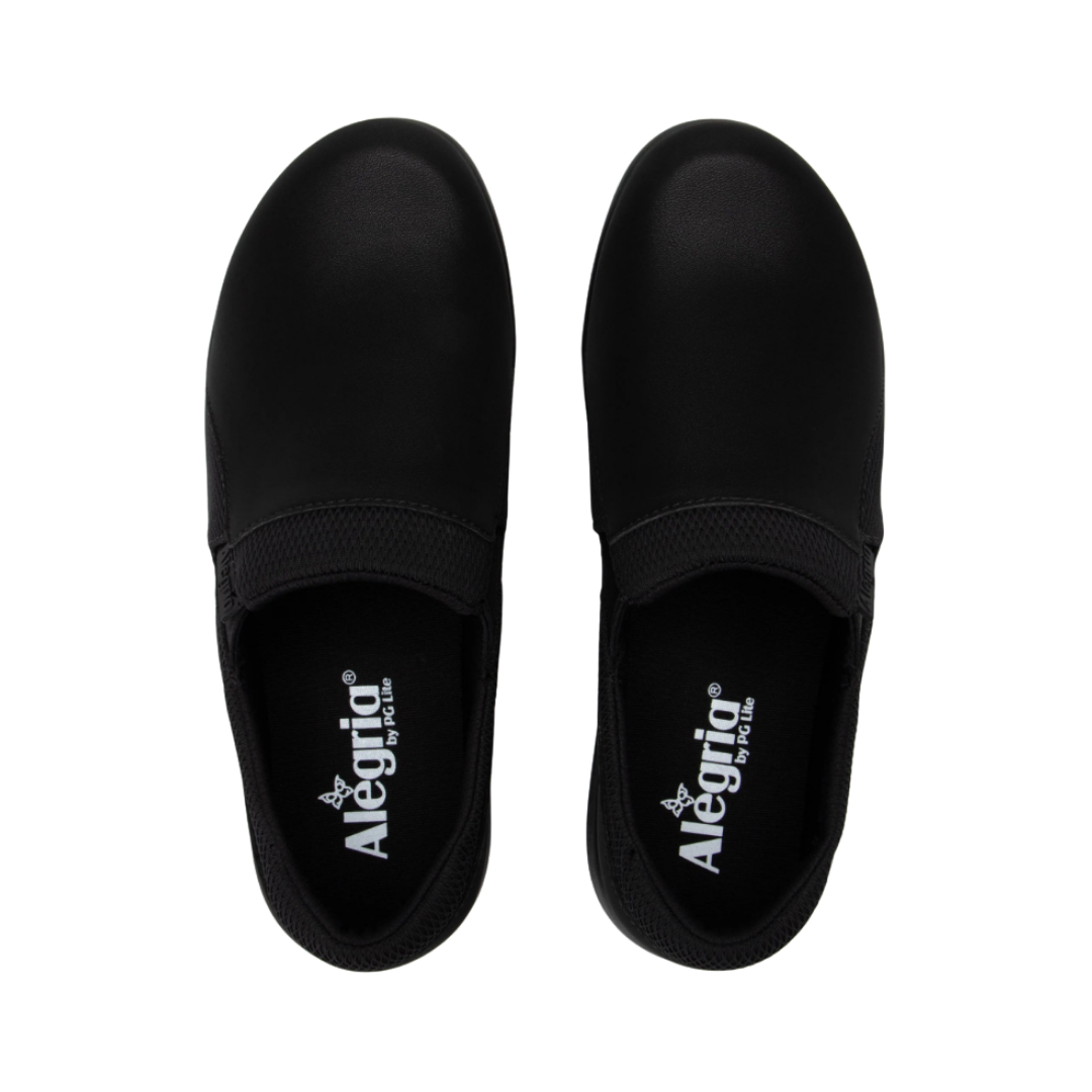 Top View of Women’s Alegria Duette shoe in black – featuring a cushioned removable footbed, smooth upper, and slip-on design for easy wear.