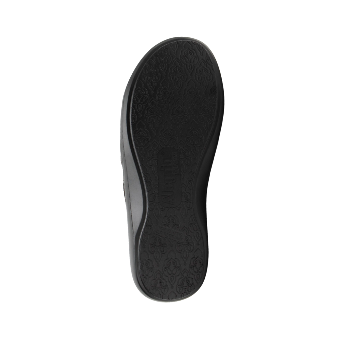 Bottom View of Women’s Alegria Duette shoe in black – featuring a slip-resistant patterned outsole, durable tread design, and lightweight construction for secure footing.
