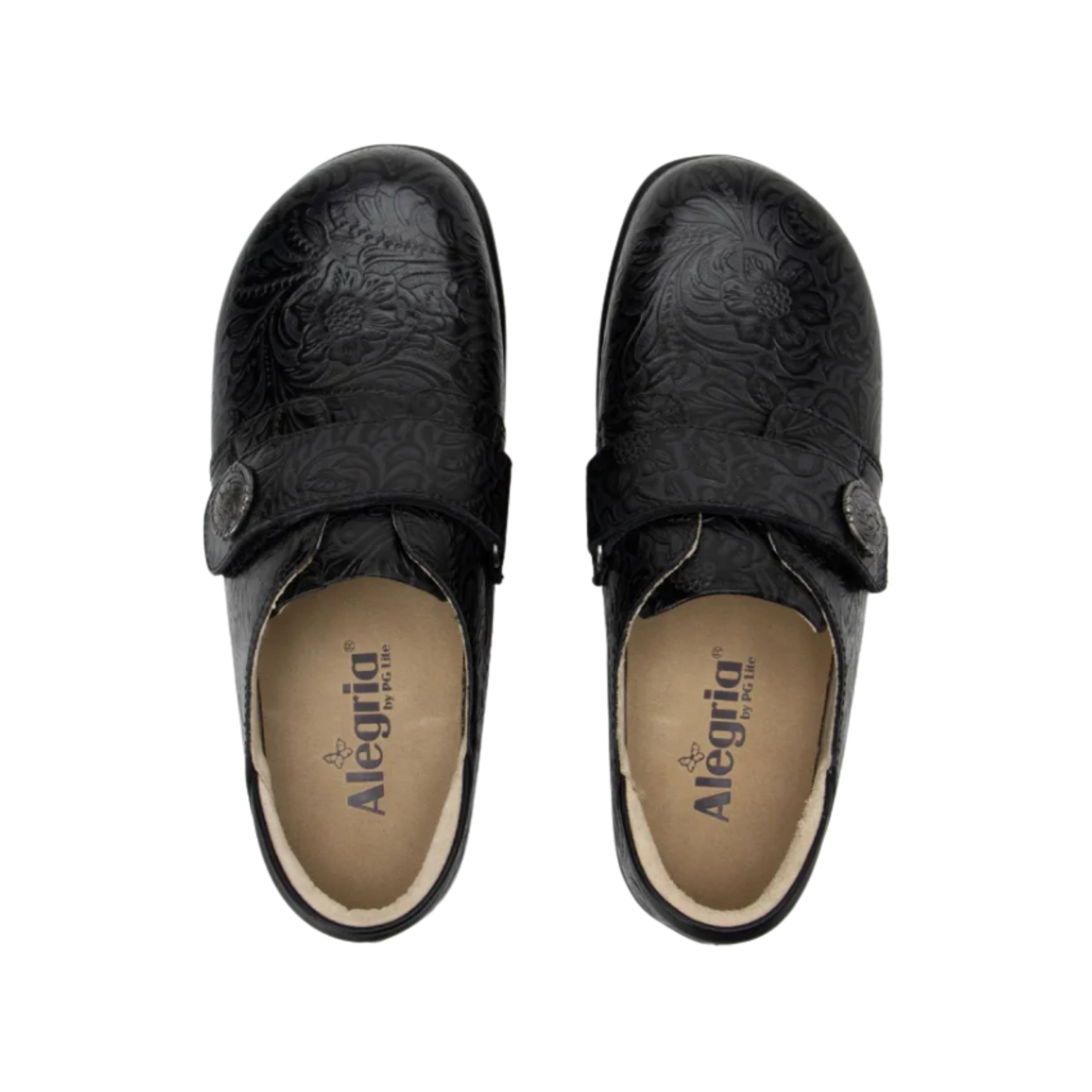 Top View of Women’s Alegria Joleen Work shoe in Tar Tooled – featuring a roomy toe box for reduced forefoot pressure and natural foot alignment, a removable cushioned footbed for all-day support and custom orthotic compatibility, and a richly textured tooled leather upper for added durability and design.