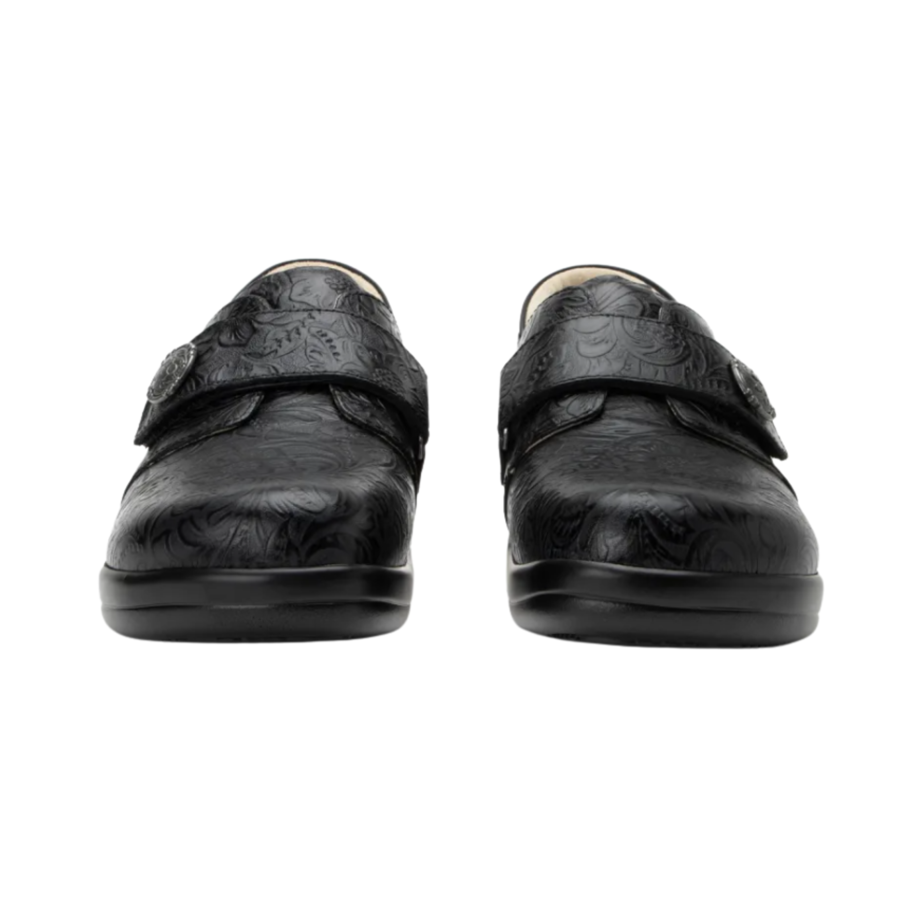 Front View of Women’s Alegria Joleen Work shoe in Tar Tooled – featuring a padded heel collar for added ankle comfort, a reinforced heel counter to stabilize foot positioning, and a modest heel height designed to ease pressure on the lower back and knees.