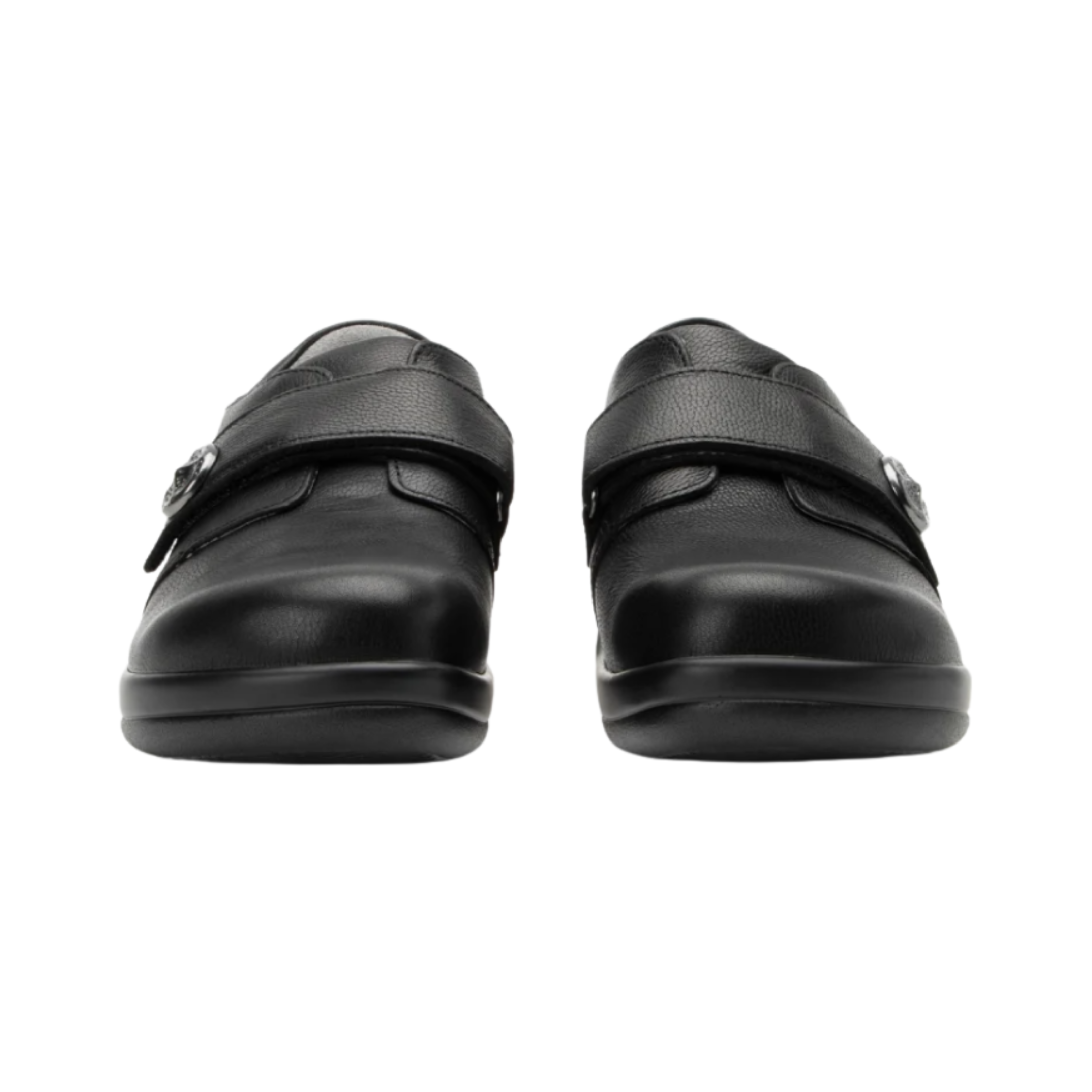 Front  View of Women’s Alegria Joleen Work shoe in Upgrade Black – featuring a professional-grade structure ideal for healthcare and service roles, ergonomic footbed design for all-day support, and a modern black leather upper that blends easily with uniforms or office wear.