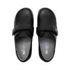 Top View of Women’s Alegria Joleen shoe in Class Act black – featuring a cushioned removable footbed, smooth leather upper, and adjustable hook-and-loop strap for a secure fit.