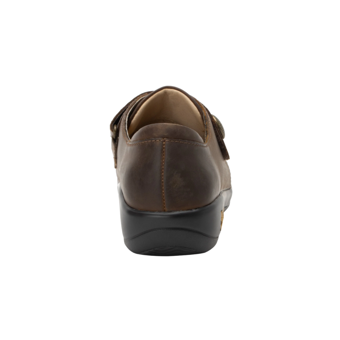 Back View of Women’s Alegria Joleen shoe in oiled brown – featuring a cushioned removable footbed, supportive heel counter, and slip-resistant outsole for all-day wear.