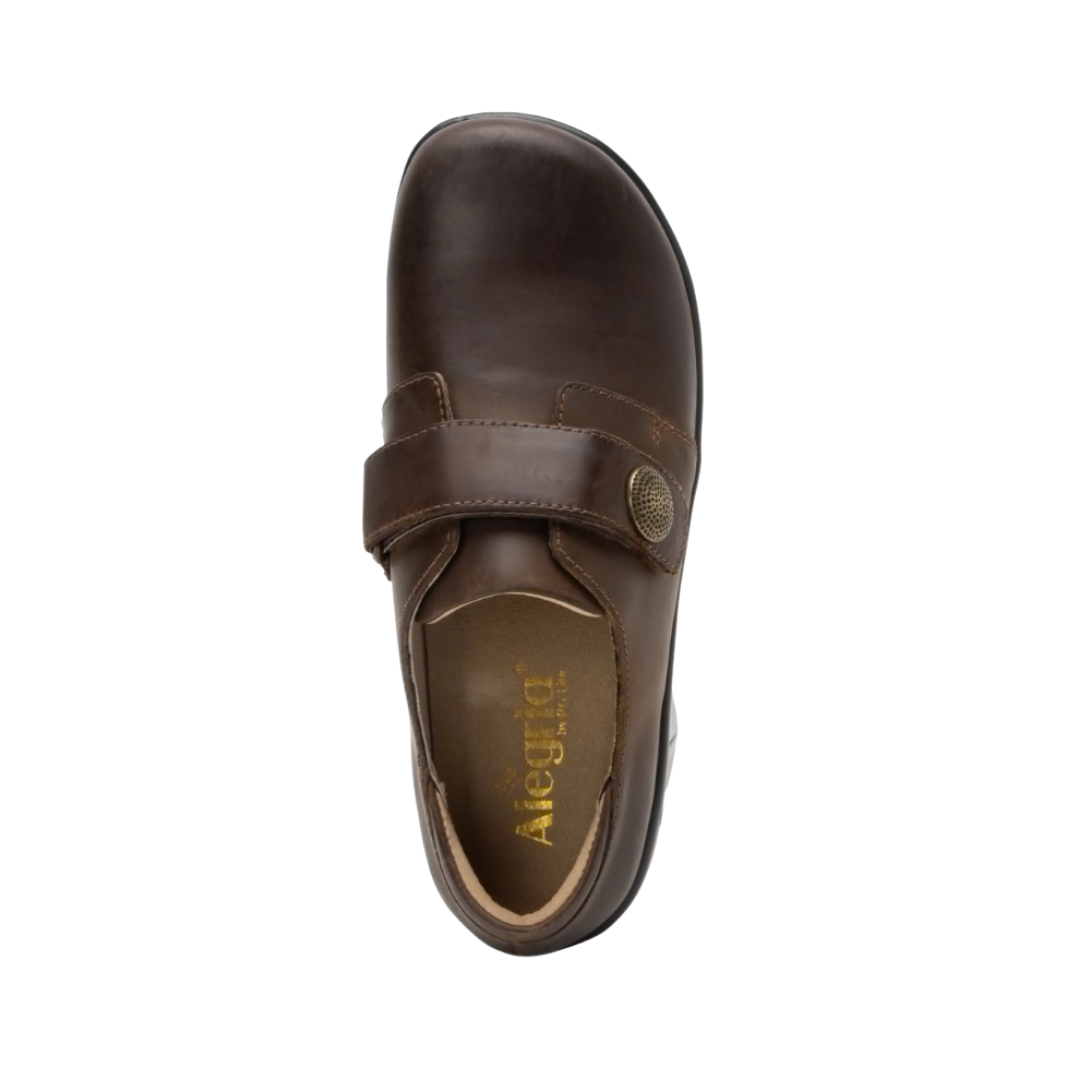 Top View of Women’s Alegria Joleen shoe in oiled brown – featuring a cushioned removable footbed, smooth leather upper, and adjustable hook-and-loop strap for a secure fit.