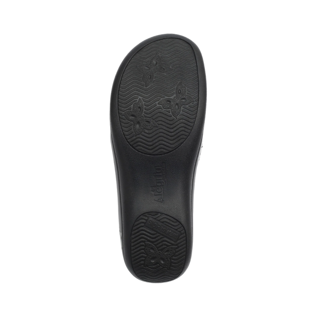Bottom View of Women’s Alegria Joleen shoe in Work Pretty print – featuring a slip-resistant patterned outsole, durable tread design, and lightweight construction for secure footing.