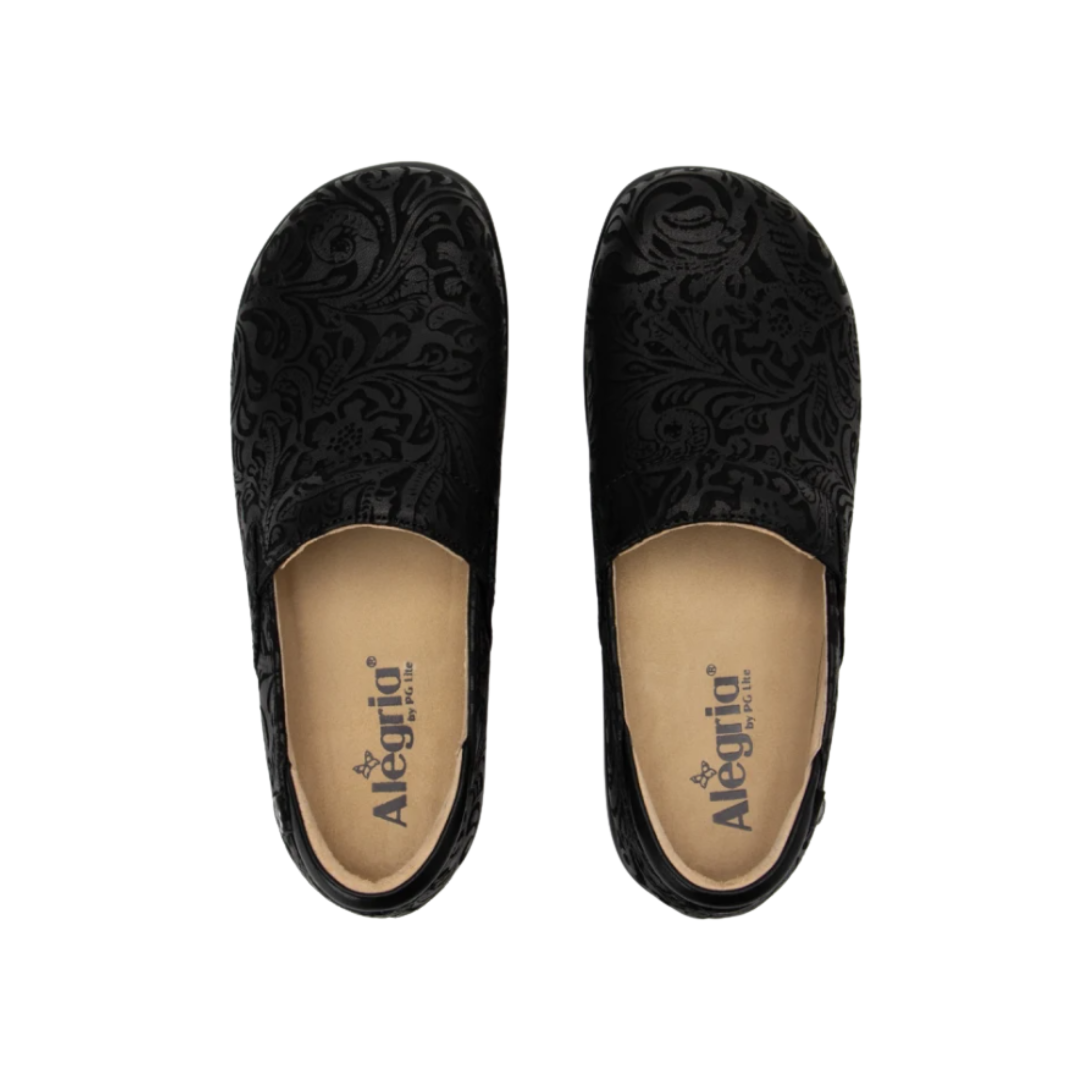 Top View of Women’s Alegria Keli Black Emboss Paisley slip-on shoe in black embossed paisley leather – featuring a stain-resistant embossed leather upper, cushioned insole for all-day comfort, and spacious rounded toe box.