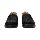 Front View of Women’s Alegria Keli Black Emboss Paisley 2 slip-on shoe in black embossed paisley leather – featuring intricate embossed paisley detailing, easy-fit double gores, and a cushioned removable footbed.