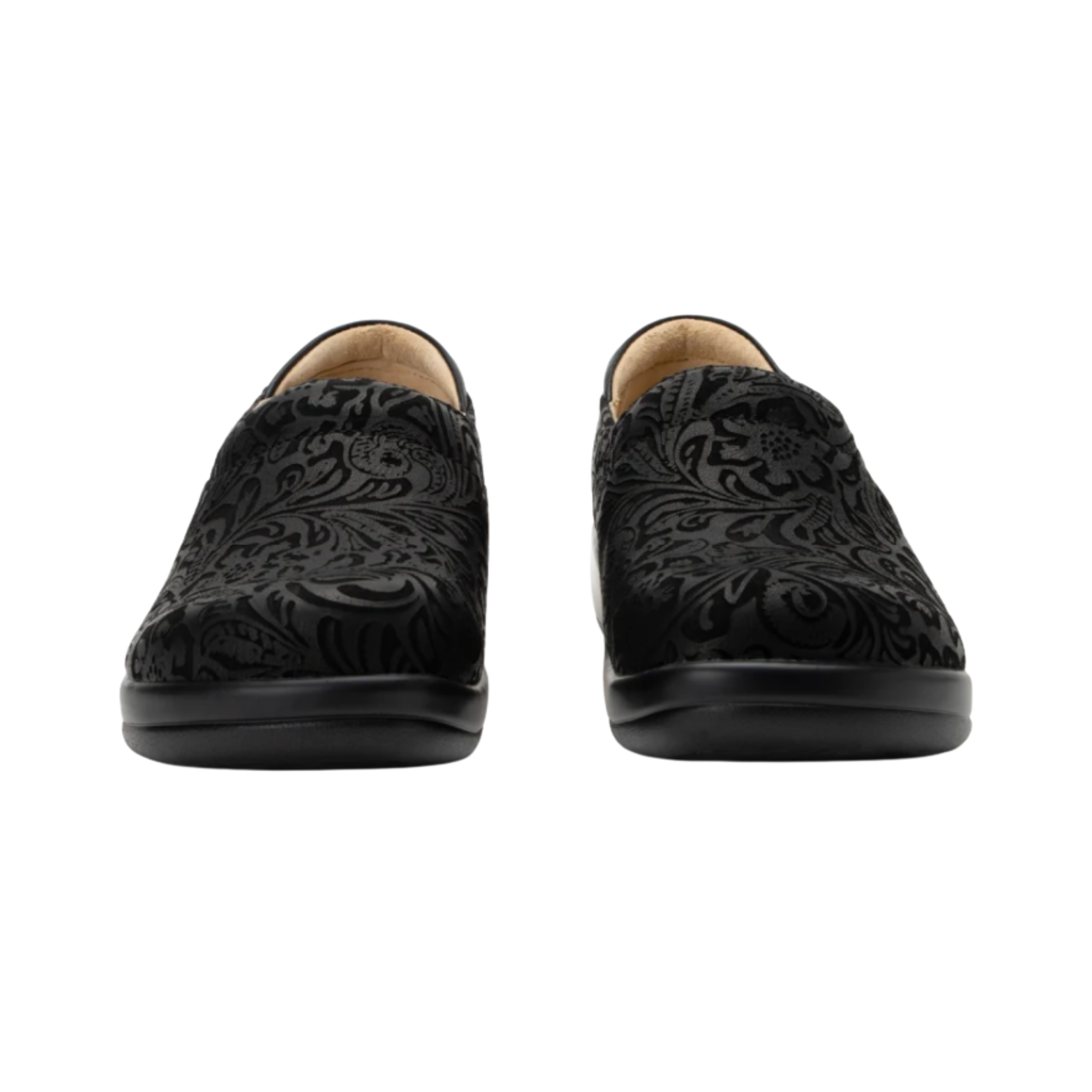 Front View of Women’s Alegria Keli Black Emboss Paisley 2 slip-on shoe in black embossed paisley leather – featuring intricate embossed paisley detailing, easy-fit double gores, and a cushioned removable footbed.