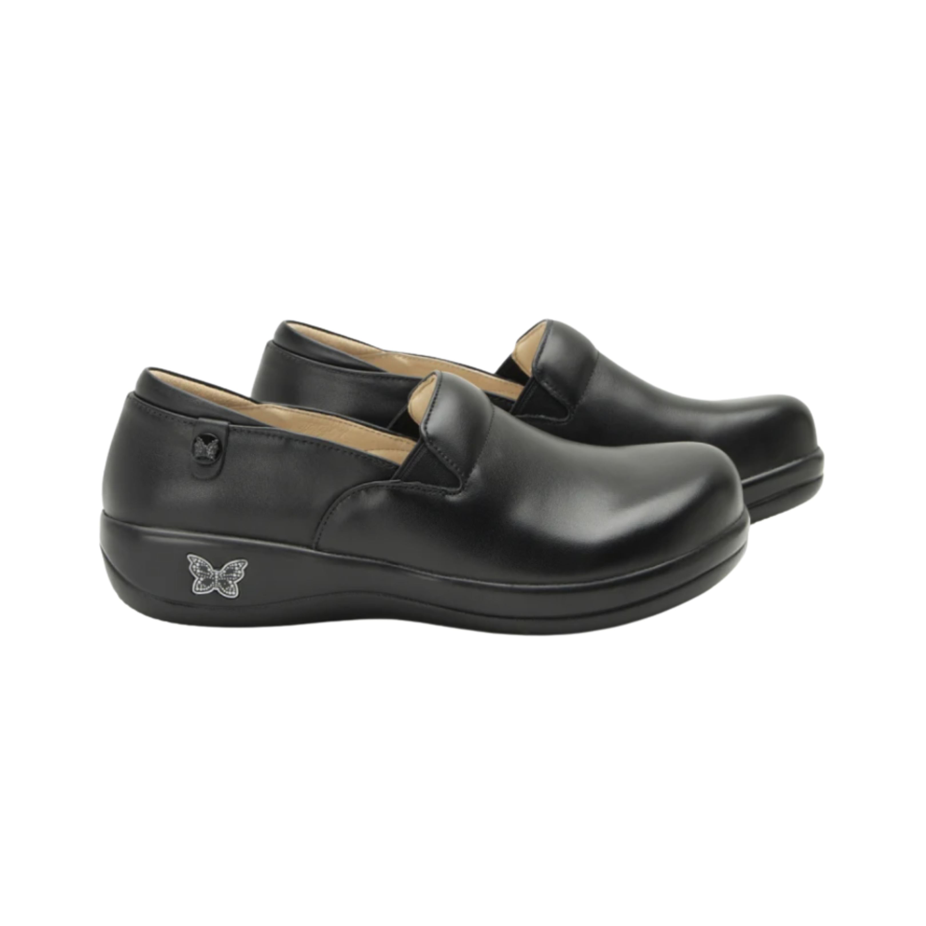 Side View of Women’s Alegria Keli Black Nappa slip-on shoe in smooth black leather – featuring twin elastic side gores for easy slip-on fit, slip-resistant outsole for steady traction, and lightweight rocker bottom to promote natural walking.