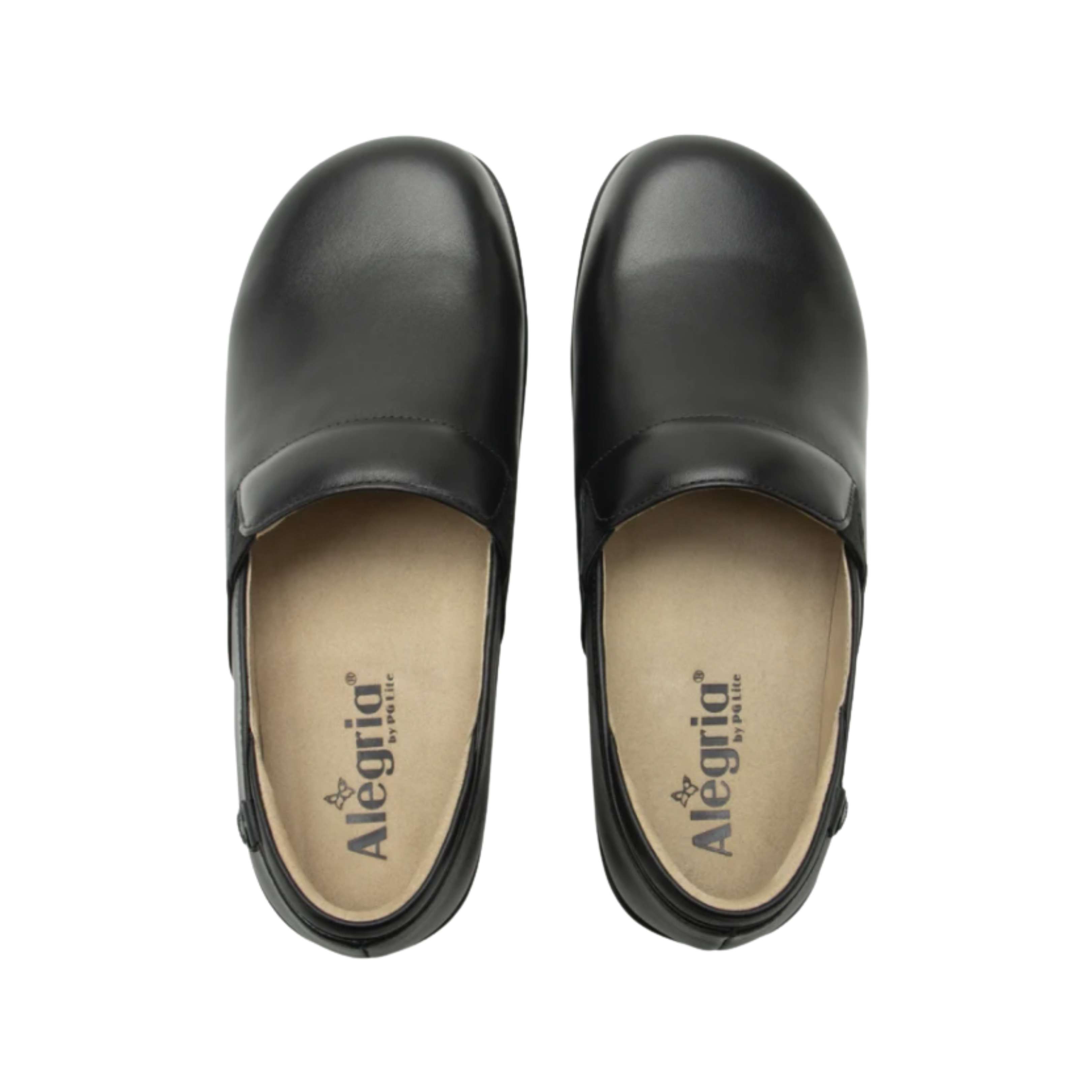 Top View of Women’s Alegria Keli Black Nappa slip-on shoe in smooth black leather – featuring a stain-resistant nappa leather upper, cushioned removable footbed, and spacious rounded toe box.