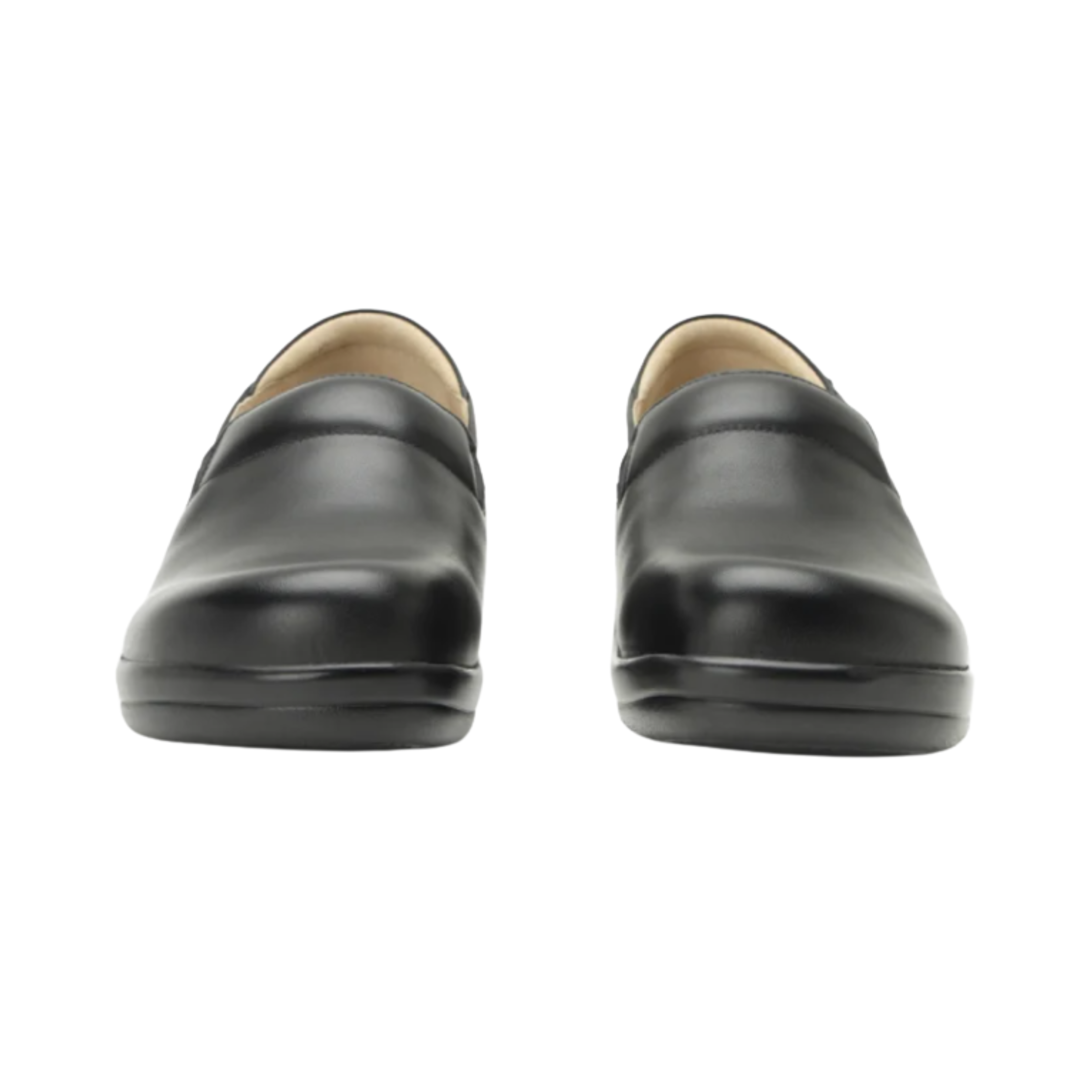 Front  View of Women’s Alegria Keli Black Nappa slip-on shoe in smooth black leather – featuring smooth black nappa leather, dual elastic panels for flexibility, and a supportive cushioned insole.