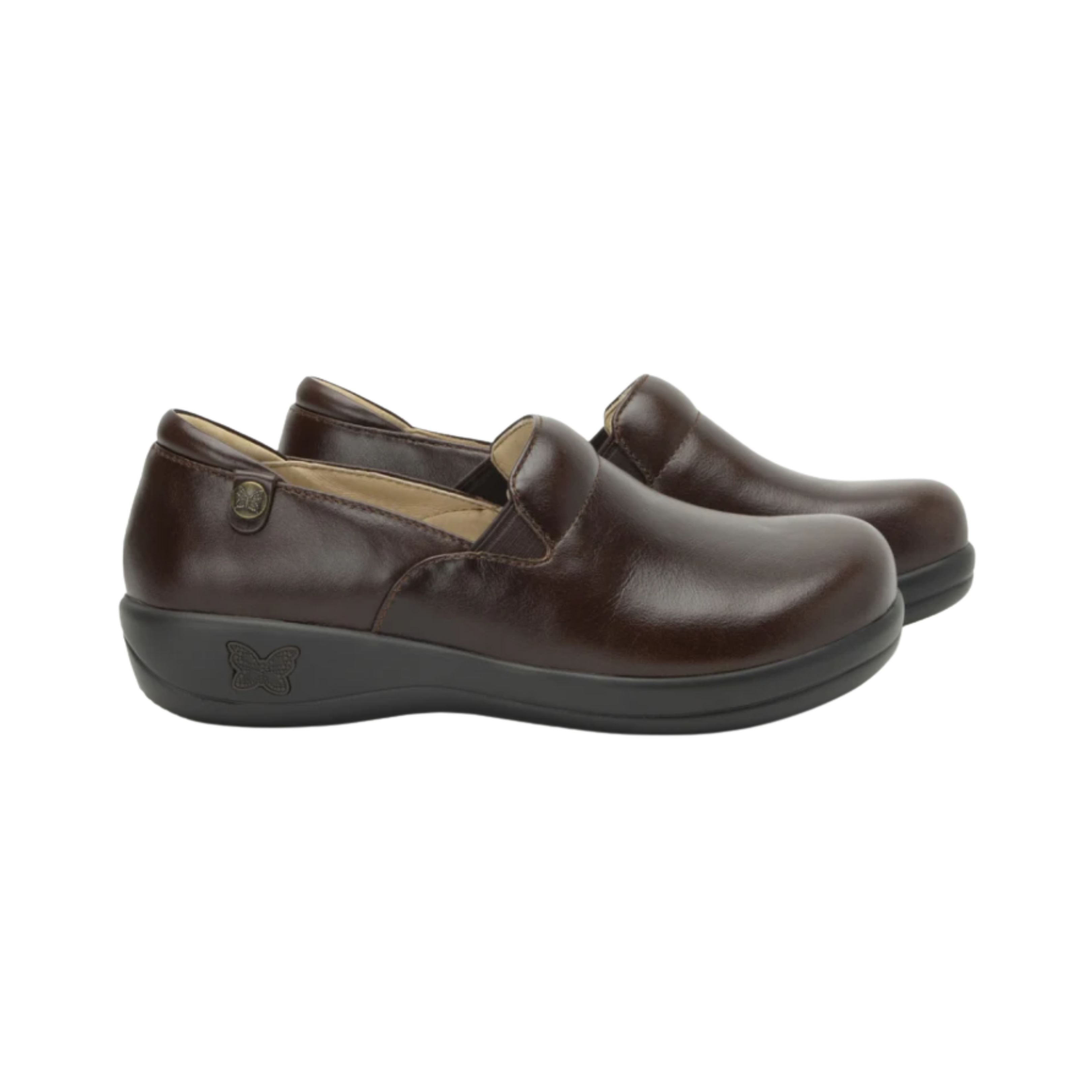 Side View of Women’s Alegria Keli Choco Luster slip-on shoe in chocolate brown metallic leather – featuring double elastic gores for easy slip-on fit, slip-resistant outsole for all-day traction, and supportive rocker bottom for smooth walking motion.