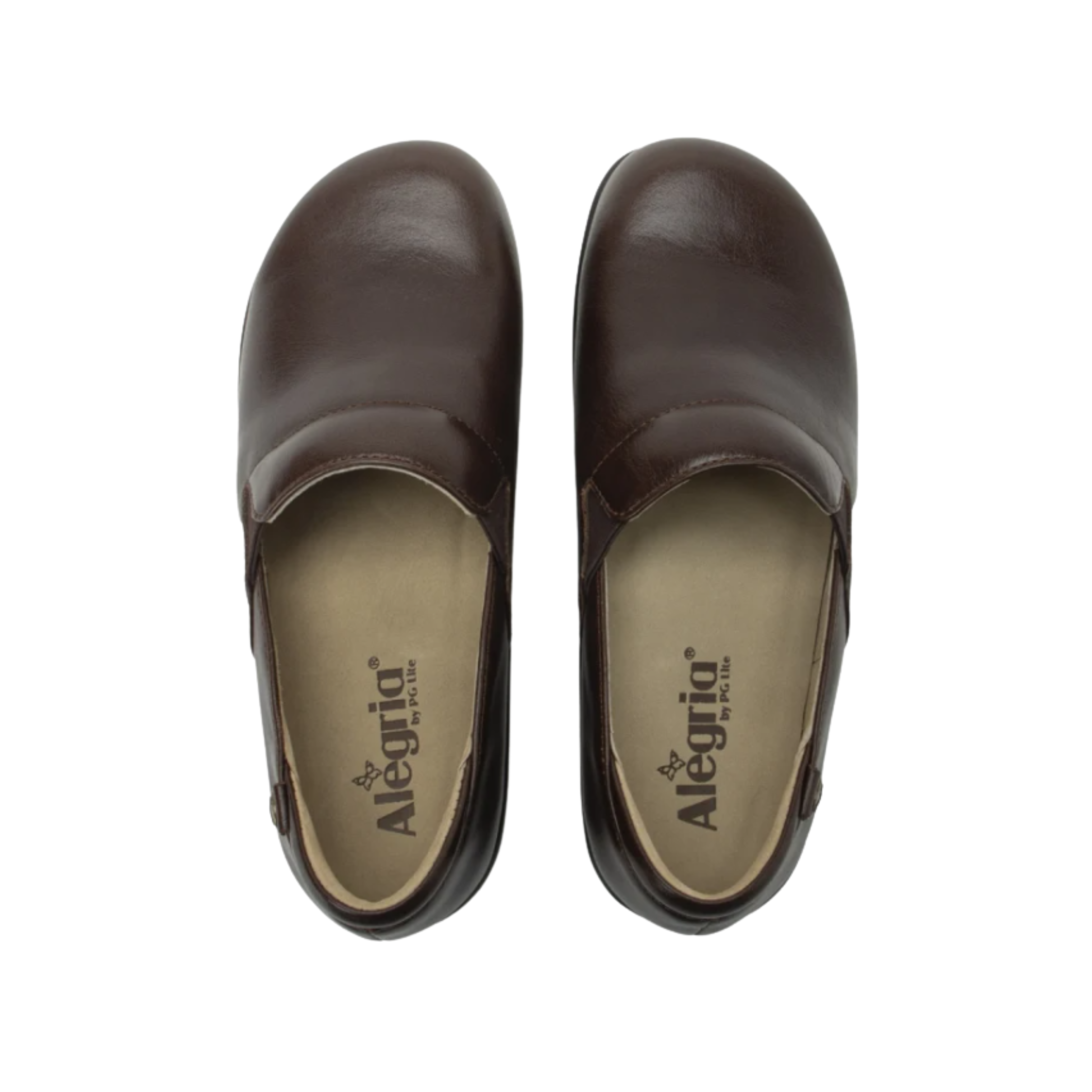 Top View of Women’s Alegria Keli Choco Luster slip-on shoe in chocolate brown metallic leather – featuring a stain-resistant metallic leather upper, cushioned removable footbed, and spacious rounded toe box.