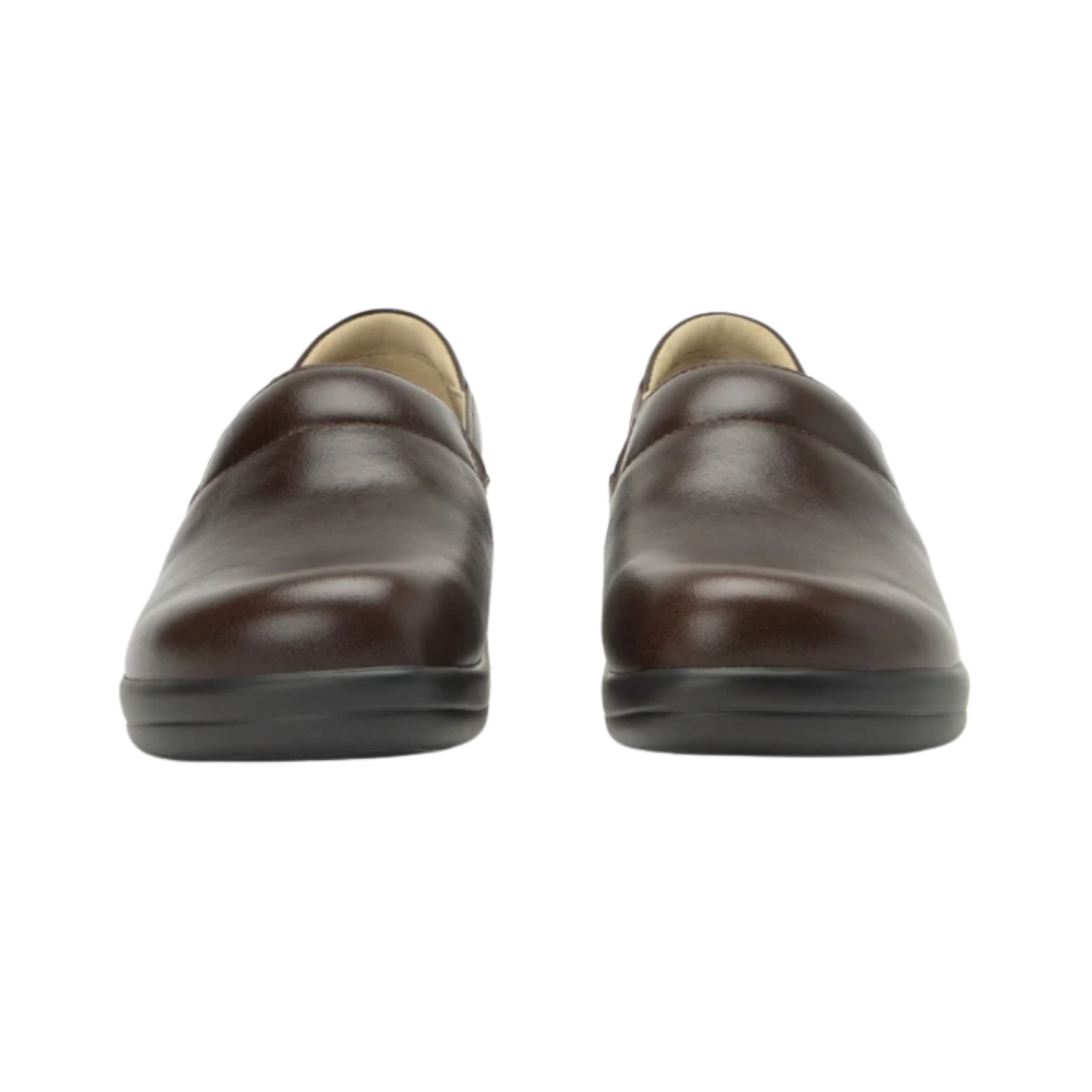 Front View of Women’s Alegria Keli Choco Luster slip-on shoe in chocolate brown metallic leather – featuring shimmery metallic finish, flexible twin side gores, and a cushioned memory foam insole.