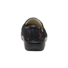 Back View of Women’s Alegria Keli Dynomite slip-on shoe in multicolor print – featuring a padded heel collar for heel protection, reinforced stitching for added durability, and low-profile silhouette for everyday wear.