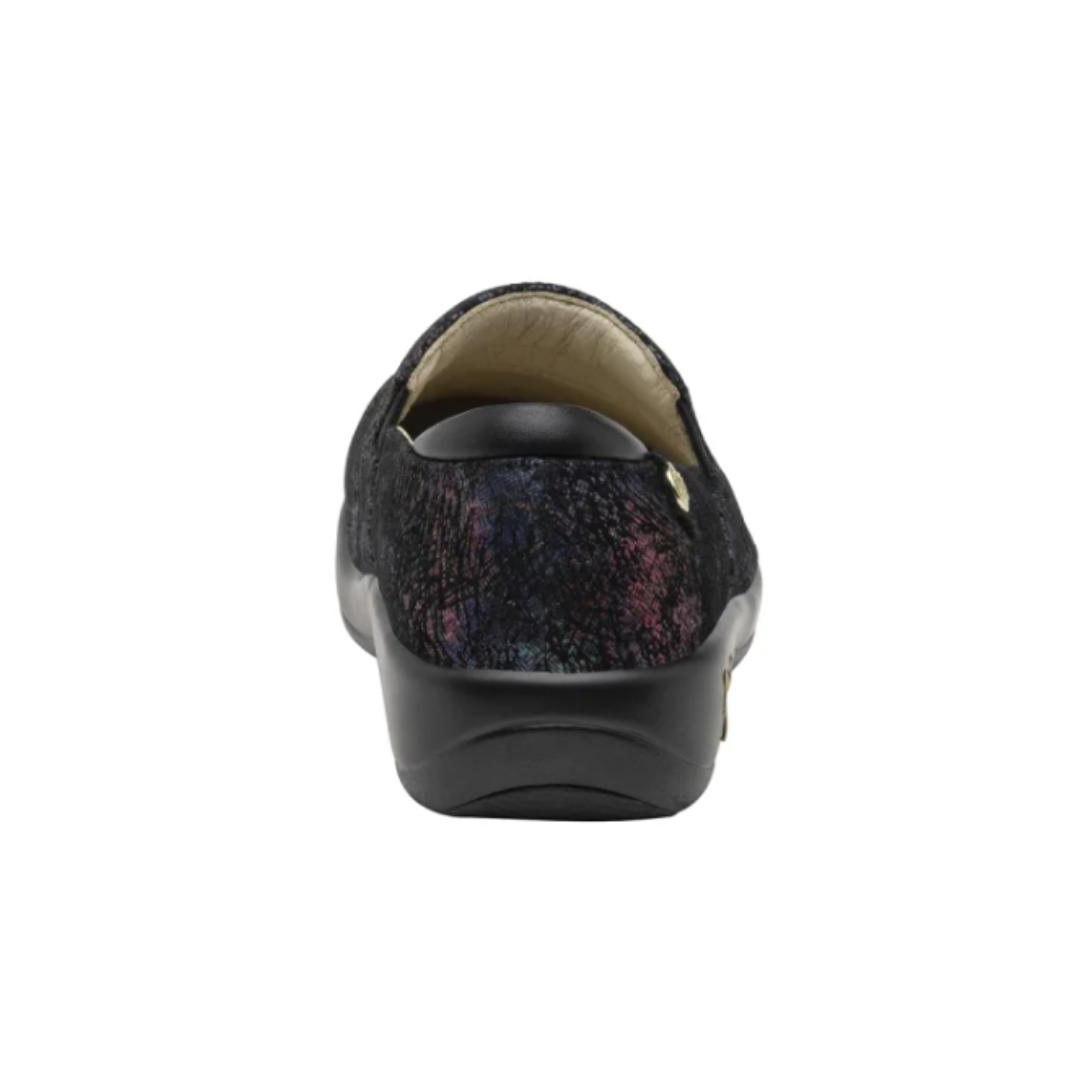 Back View of Women’s Alegria Keli Dynomite slip-on shoe in multicolor print – featuring a padded heel collar for heel protection, reinforced stitching for added durability, and low-profile silhouette for everyday wear.