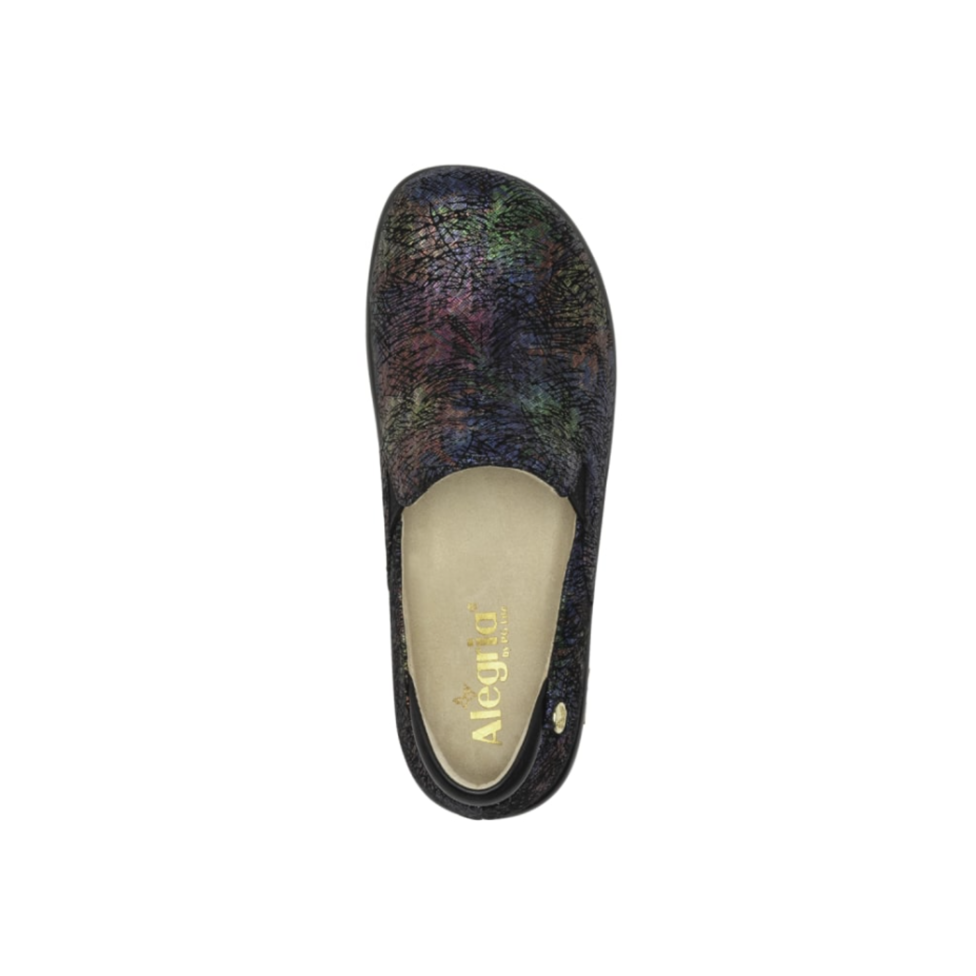 Top View of Women’s Alegria Keli Dynomite slip-on shoe in multicolor print – featuring a stain-resistant colorful leather upper, cushioned removable footbed, and wide rounded toe box for extra comfort.
