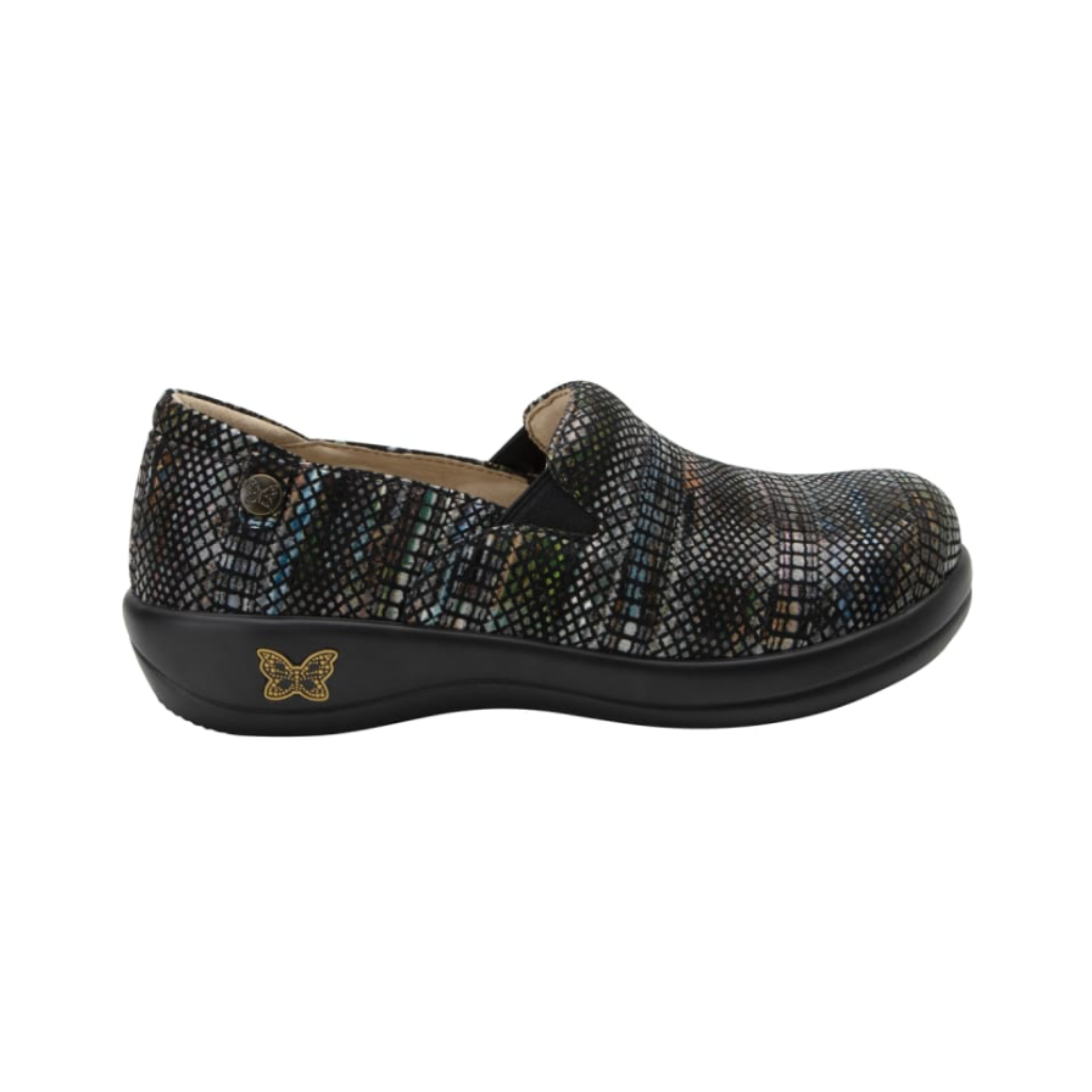 Side View of Women’s Alegria Keli Earthy Lux slip-on shoe in multicolor earthy print – featuring twin elastic gores for flexible fit, slip-resistant outsole for secure traction, and lightweight rocker bottom for smooth stride.