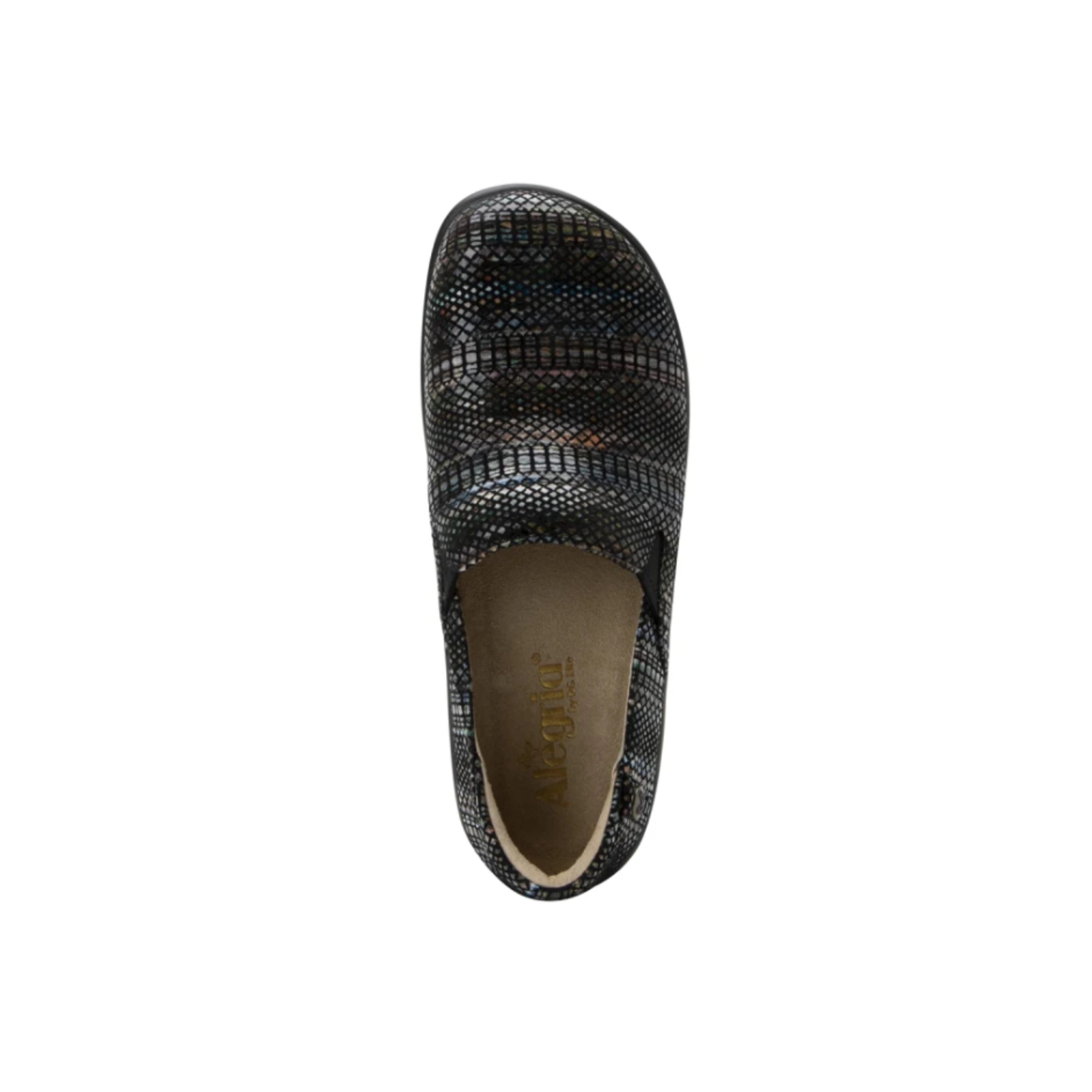 Top View of Women’s Alegria Keli Earthy Lux slip-on shoe in multicolor earthy print – featuring a stain-resistant leather upper, cushioned removable footbed, and spacious rounded toe box for comfort.