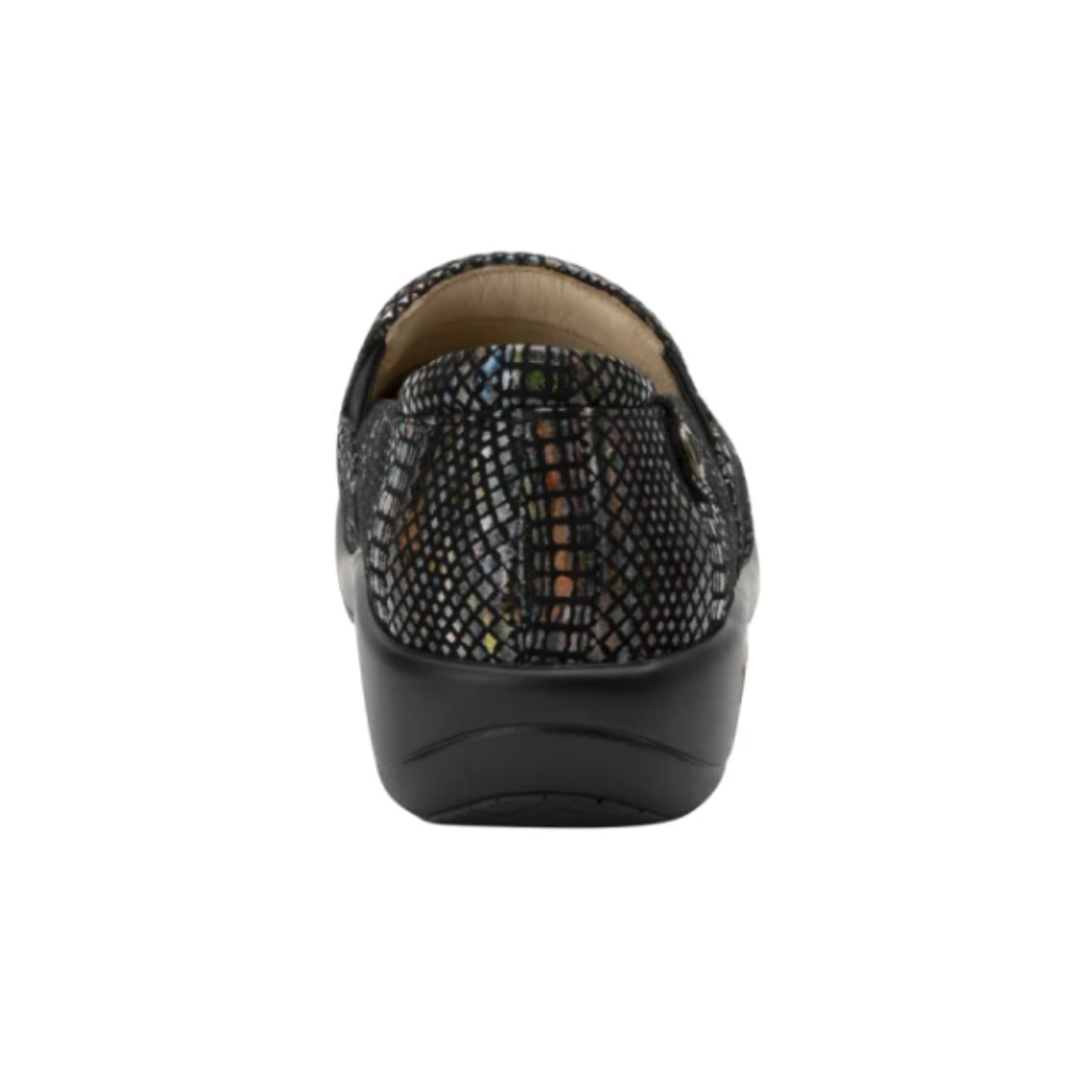 Back View of Women’s Alegria Keli Earthy Lux slip-on shoe in multicolor earthy print – featuring a padded heel counter for enhanced stability, reinforced stitching for durability, and an easy slip-on design.