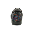 Back View of Women’s Alegria Keli Dynomite slip-on shoe in multicolor print – featuring a padded heel collar for heel protection, reinforced stitching for added durability, and low-profile silhouette for everyday wear.