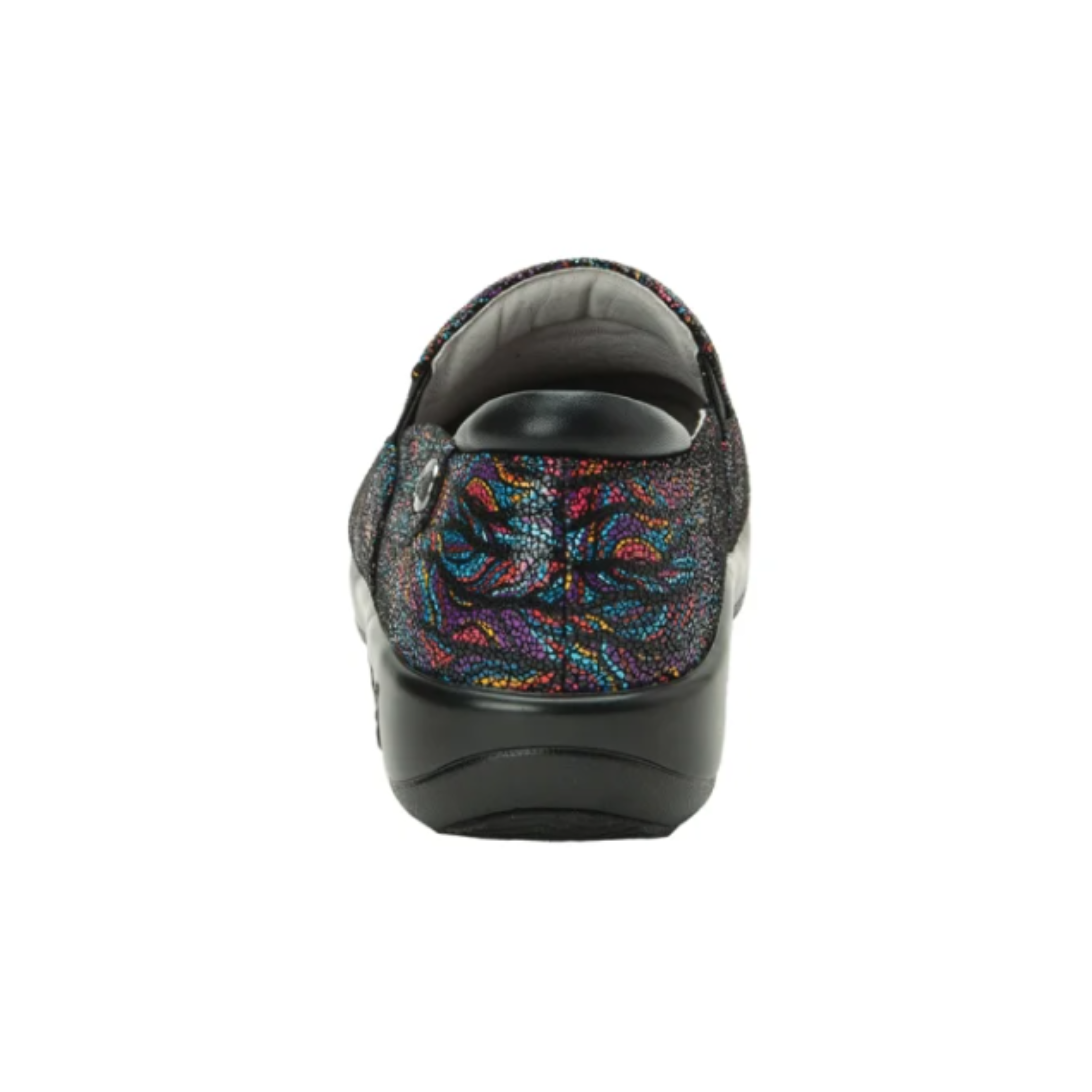 Back View of Women’s Alegria Keli Dynomite slip-on shoe in multicolor print – featuring a padded heel collar for heel protection, reinforced stitching for added durability, and low-profile silhouette for everyday wear.