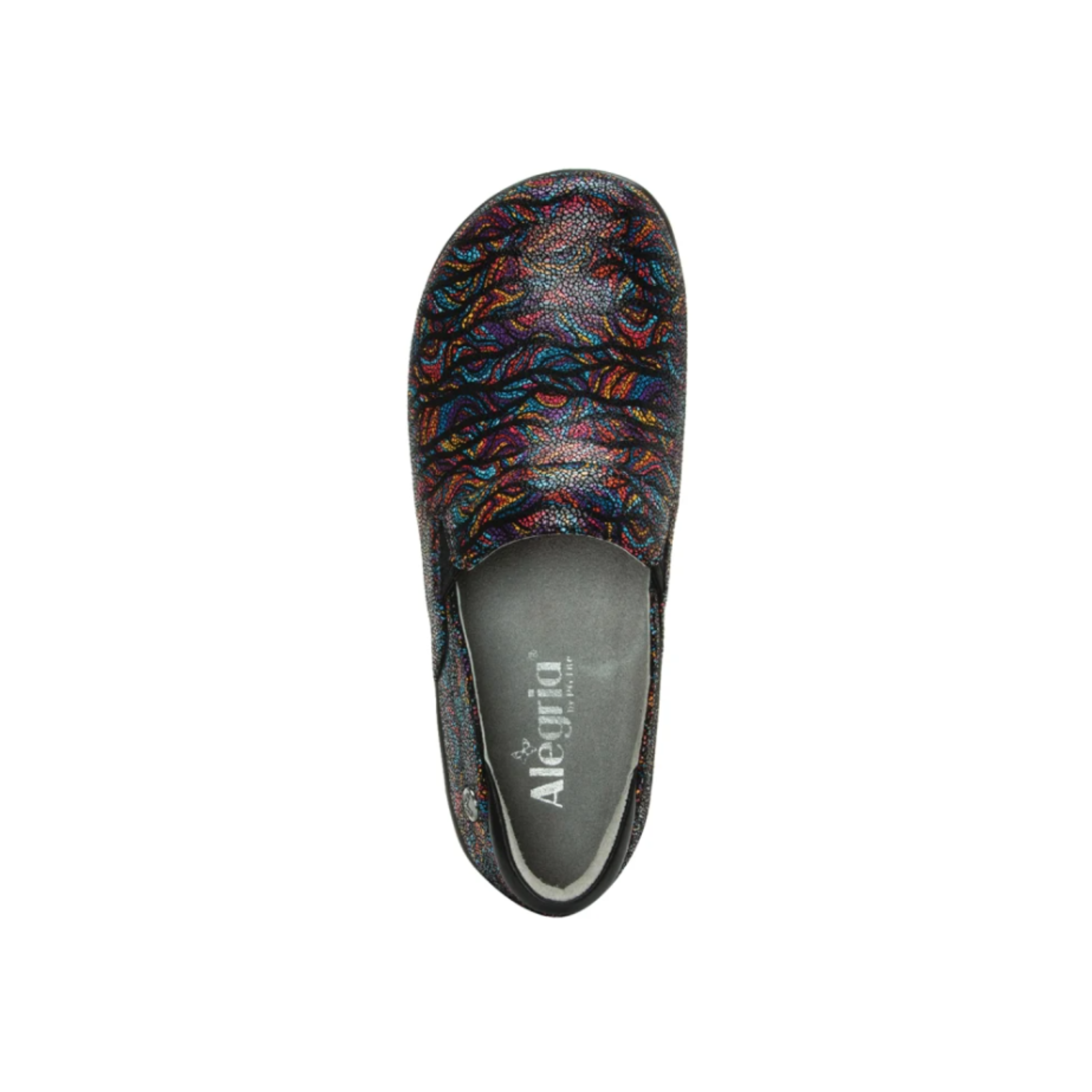 Top View of Women’s Alegria Keli Dynomite slip-on shoe in multicolor print – featuring a stain-resistant colorful leather upper, cushioned removable footbed, and wide rounded toe box for extra comfort.