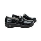 Side View of Women’s Alegria Keli Mantle slip-on shoe in multicolor metallic leather – featuring twin elastic side gores for a flexible fit, slip-resistant outsole for enhanced grip, and lightweight rocker bottom for natural walking motion.